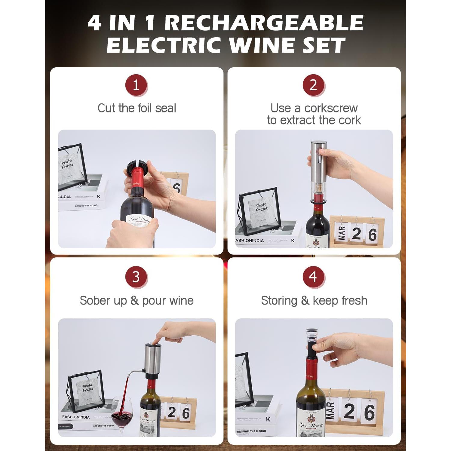 Abridor de Vino Eléctrico 4 en 1 PENTASPI - Recargable, Aerador, Cortador