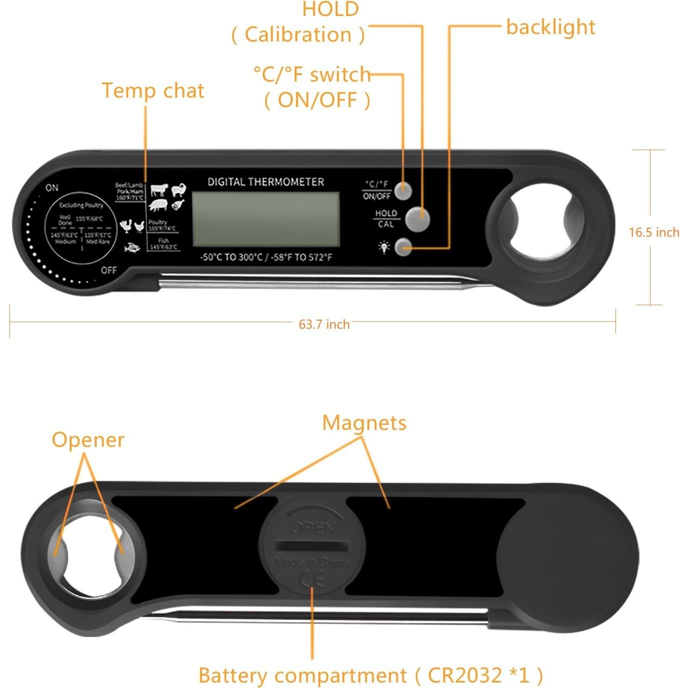 Termómetro Digital de Carne ONTALA con Sonda Plegable y Luz de Fondo