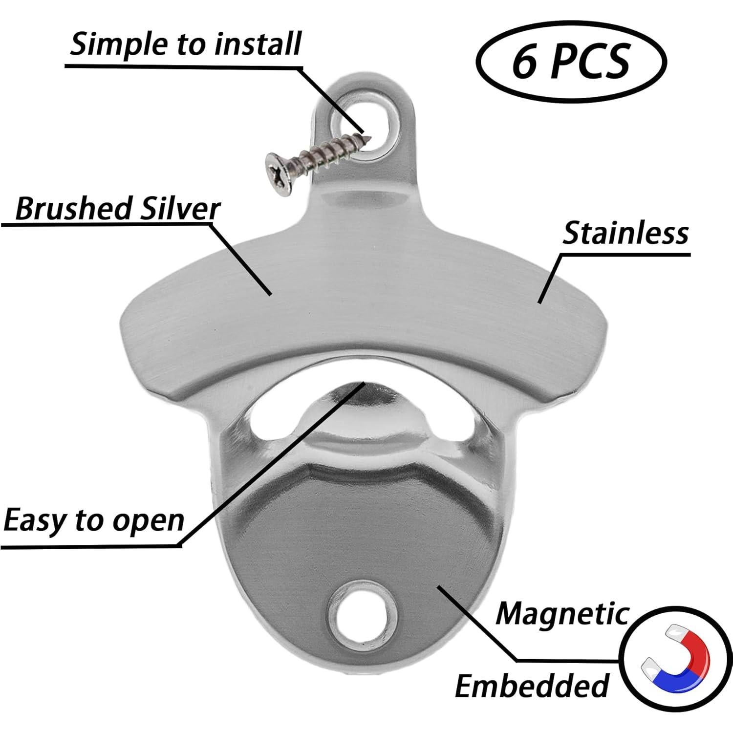 Abrebotellas Magnético Montado en Pared Luwanburg 6 Pcs Plata