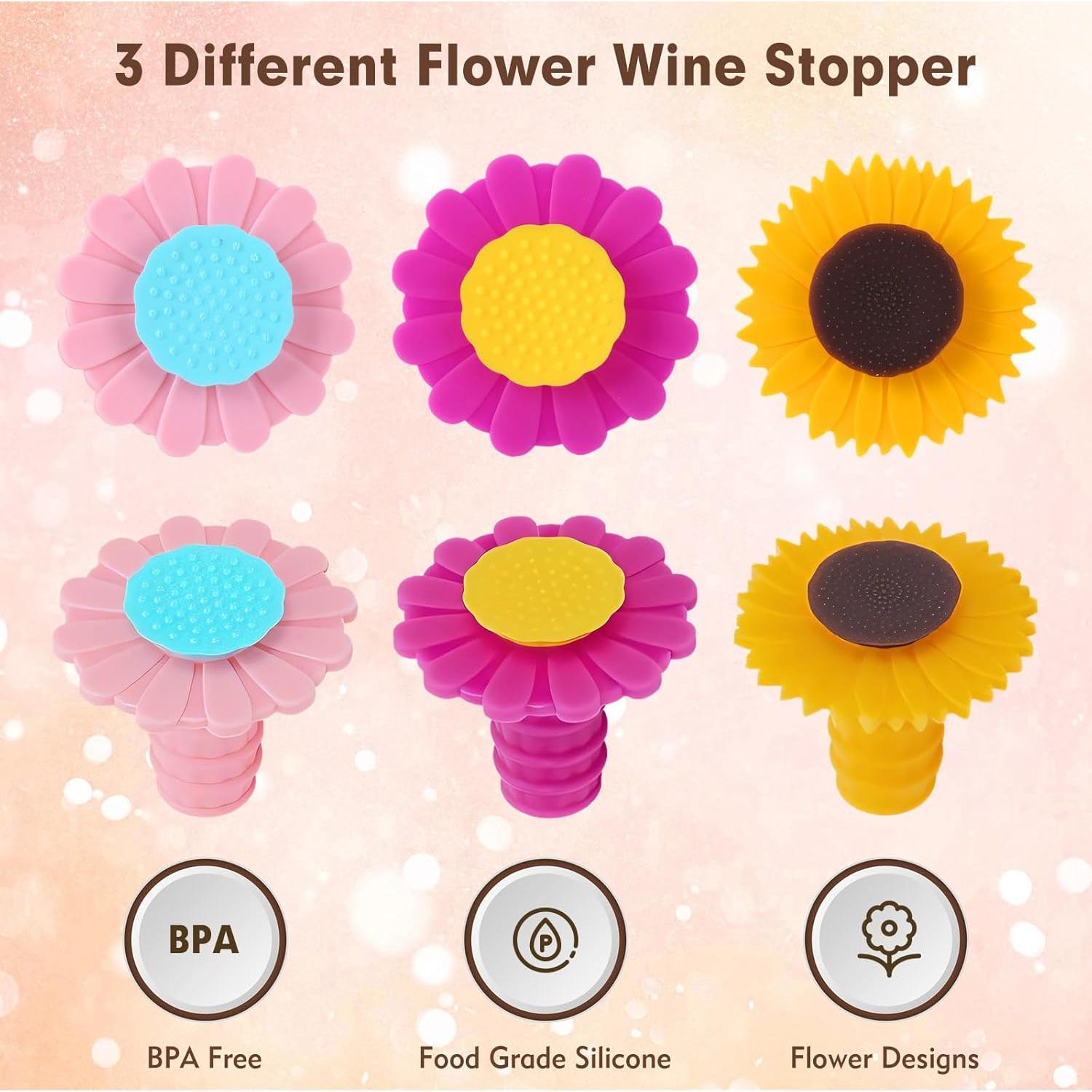 Juego de 3 Tapones de Vino Hraulc de Silicona en Forma de Flor