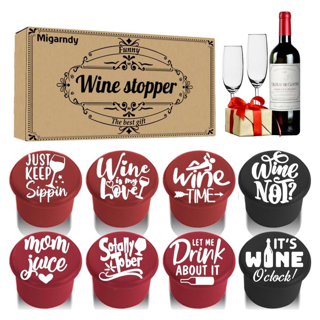 8 Tapones de Vino Divertidos Migarndy - Silicona Reutilizable