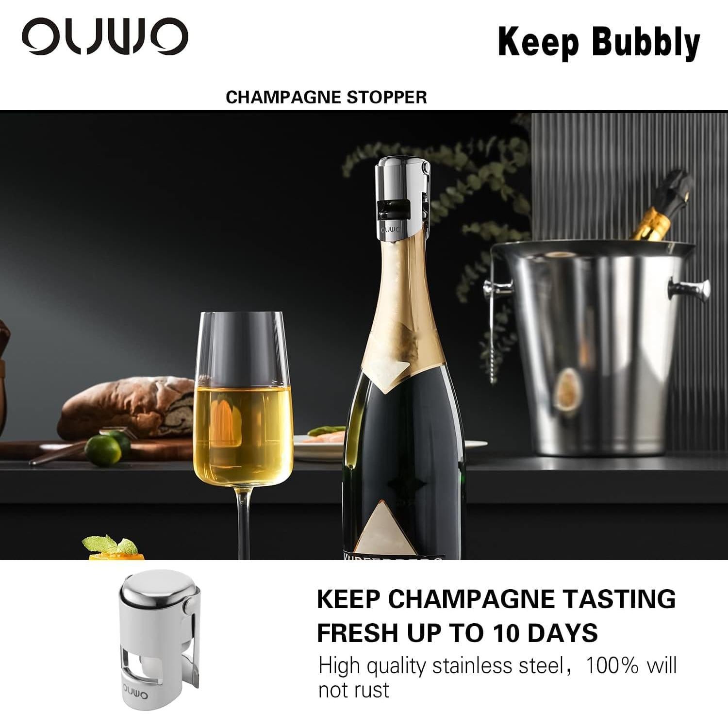 Tapón de Champagne OUWO 6 Pack Acero Inoxidable Plata