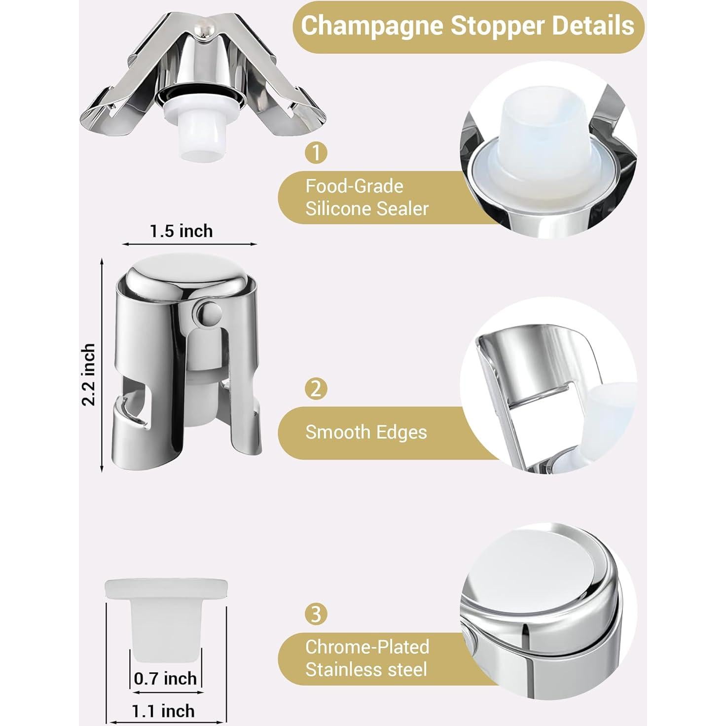 Tapones de Champagne Goldelith 2 Pack Acero Inoxidable Plata