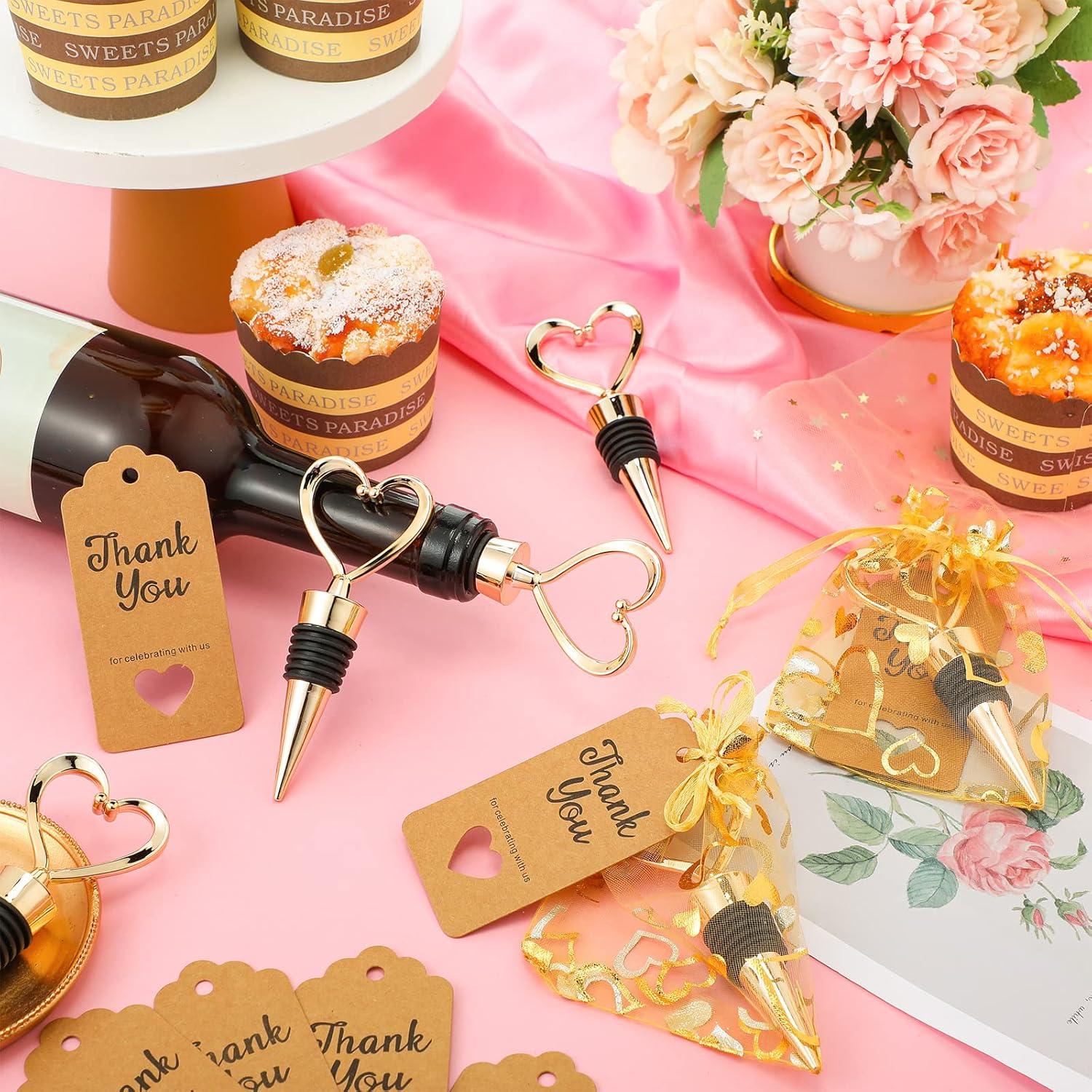 Buryeah 60 Tapones de Vino Corazón Dorado con Bolsas y Etiquetas