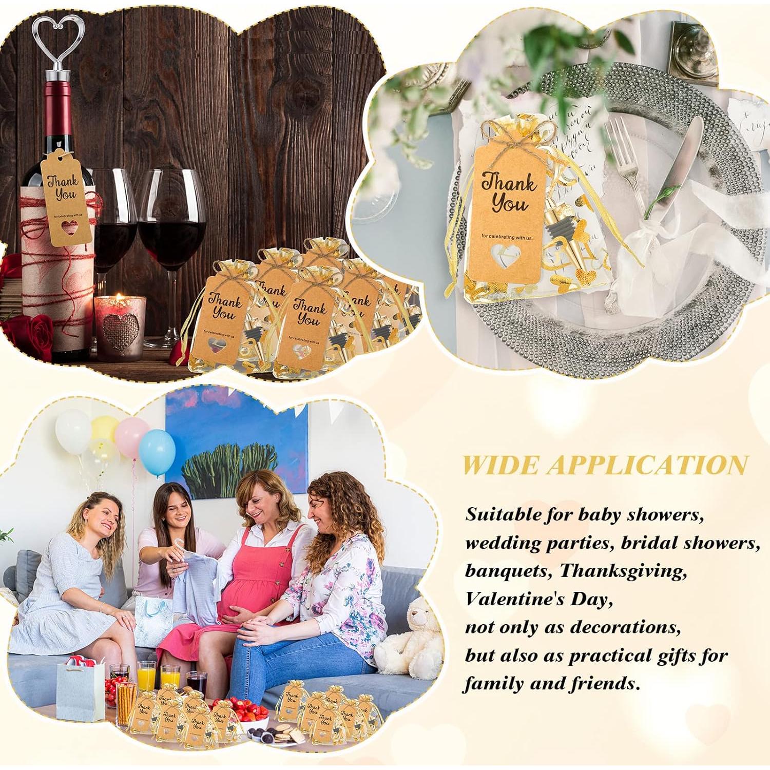 Buryeah 60 Tapones de Vino Corazón Dorado con Bolsas y Etiquetas