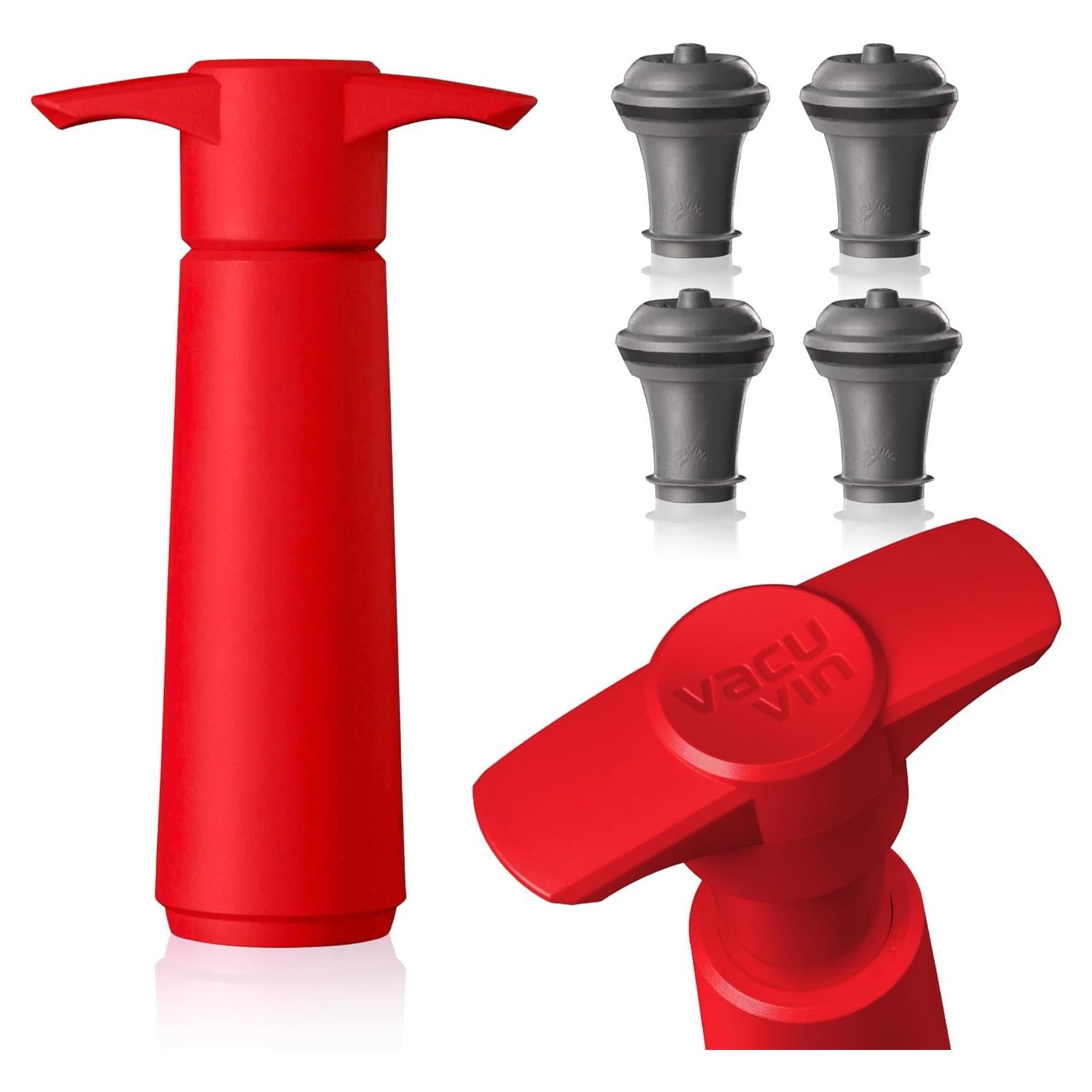 Vacu Vin Wine Saver Pump Red with Vacuum Wine Stopper - Keep Your Wine Fresh for up to 10 Days - 1 Pump 4 Stoppers - Reusable - Made in the Netherlands