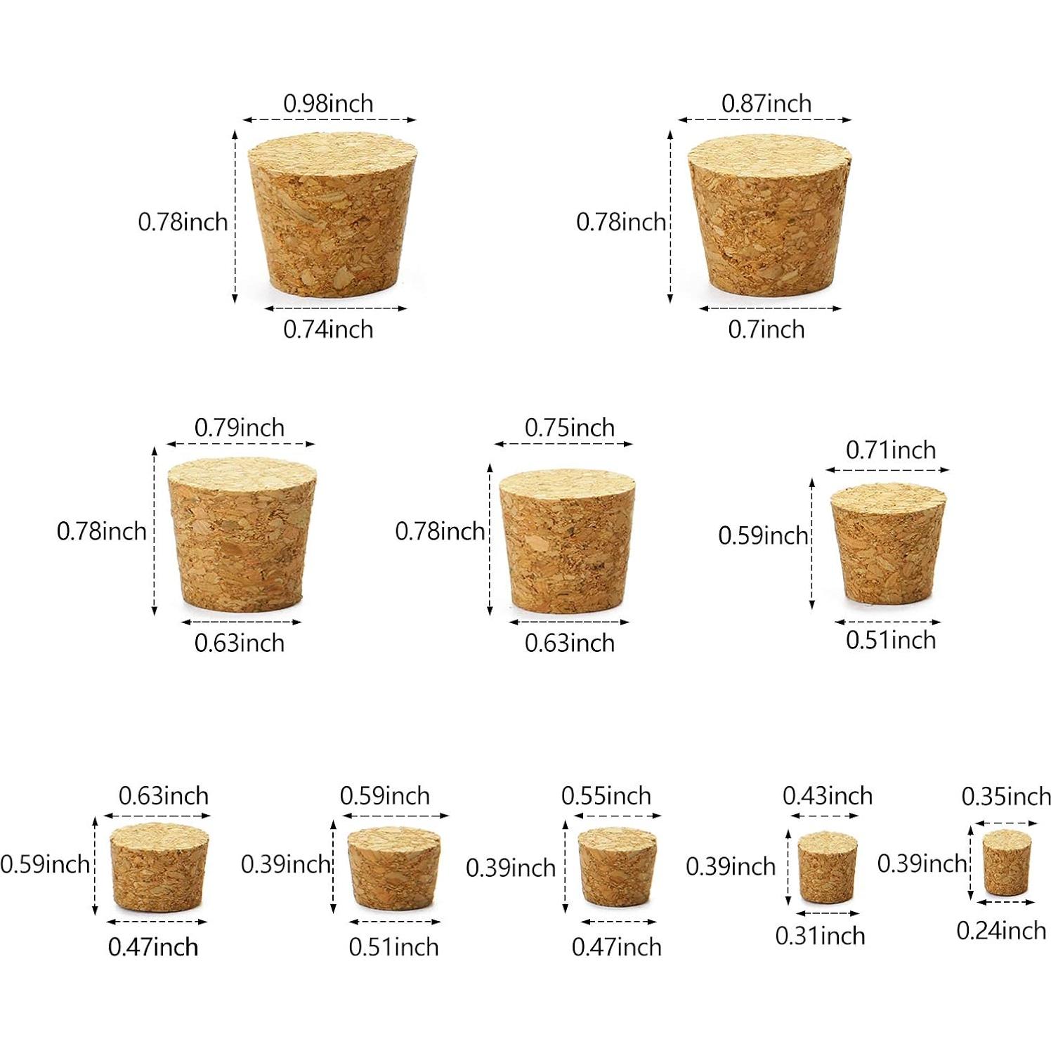 Jetec 100 Tapones de Corcho Cónicos para Botellas - 10 Tamaños