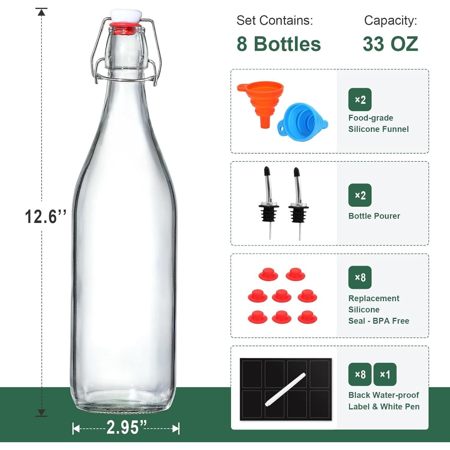 Paquete de 8 Botellas de Vidrio AOZITA 1L con Tapa Swing