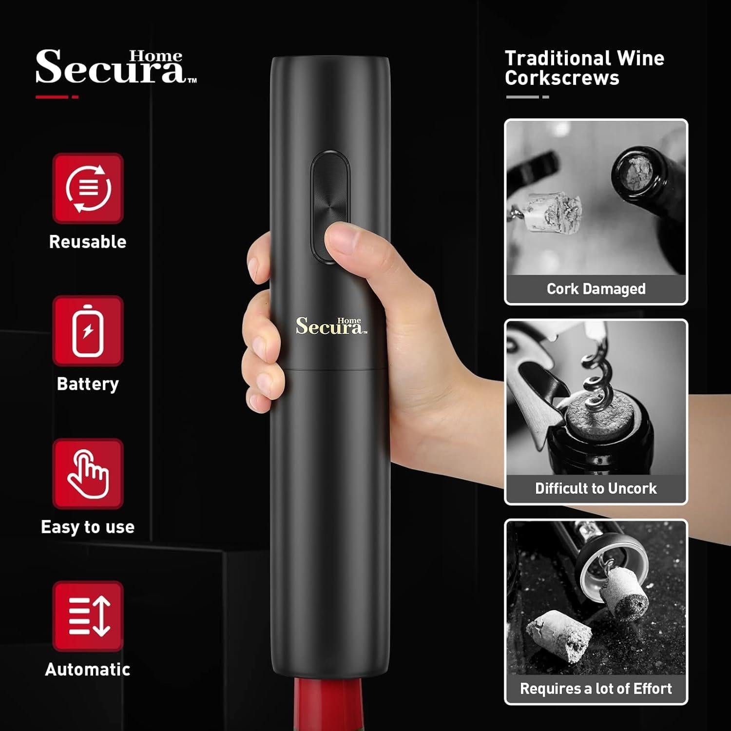Abridor de Vino Eléctrico Secura KB1-602201 4-en-1 Negro