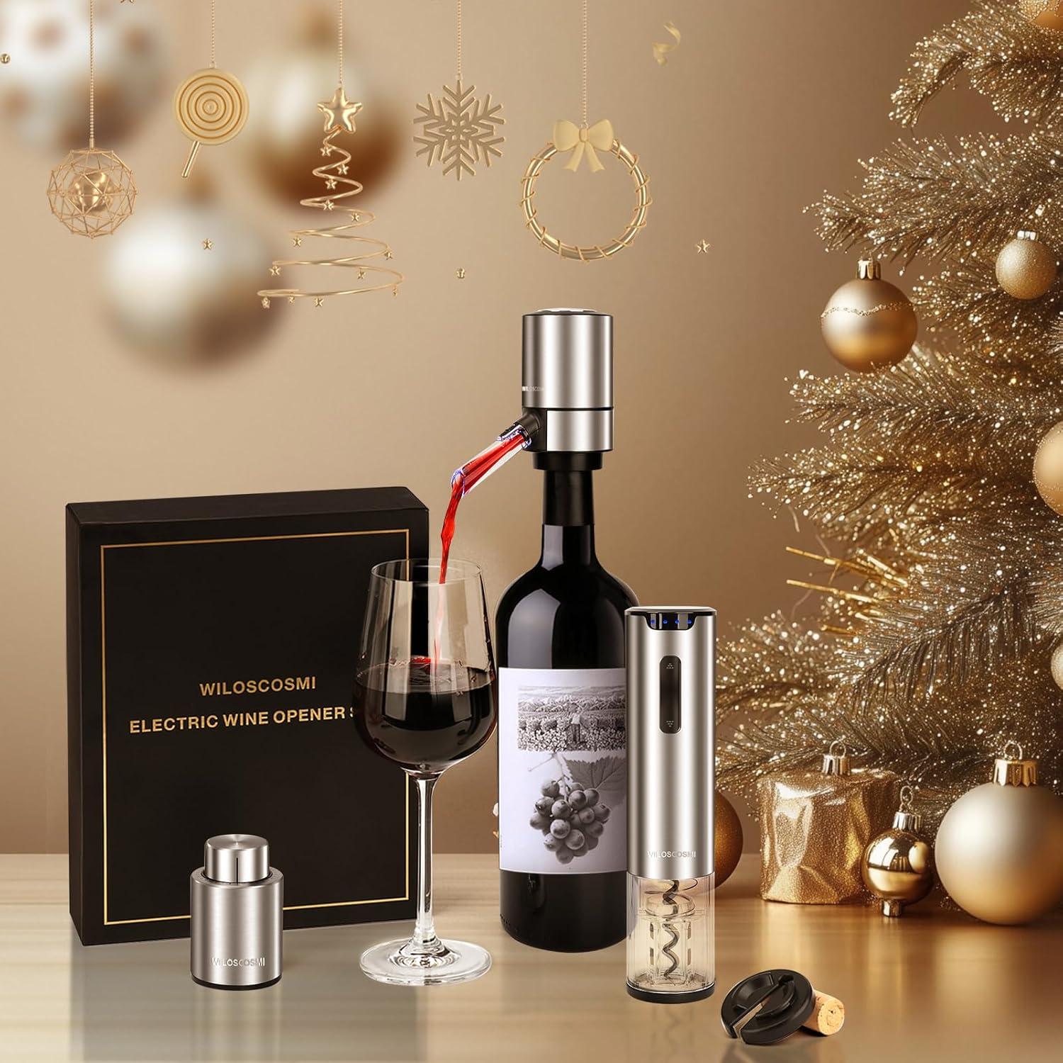 Juego de Abridor de Vino Eléctrico WILOSCOSMI 4 en 1 Acero Inoxidable