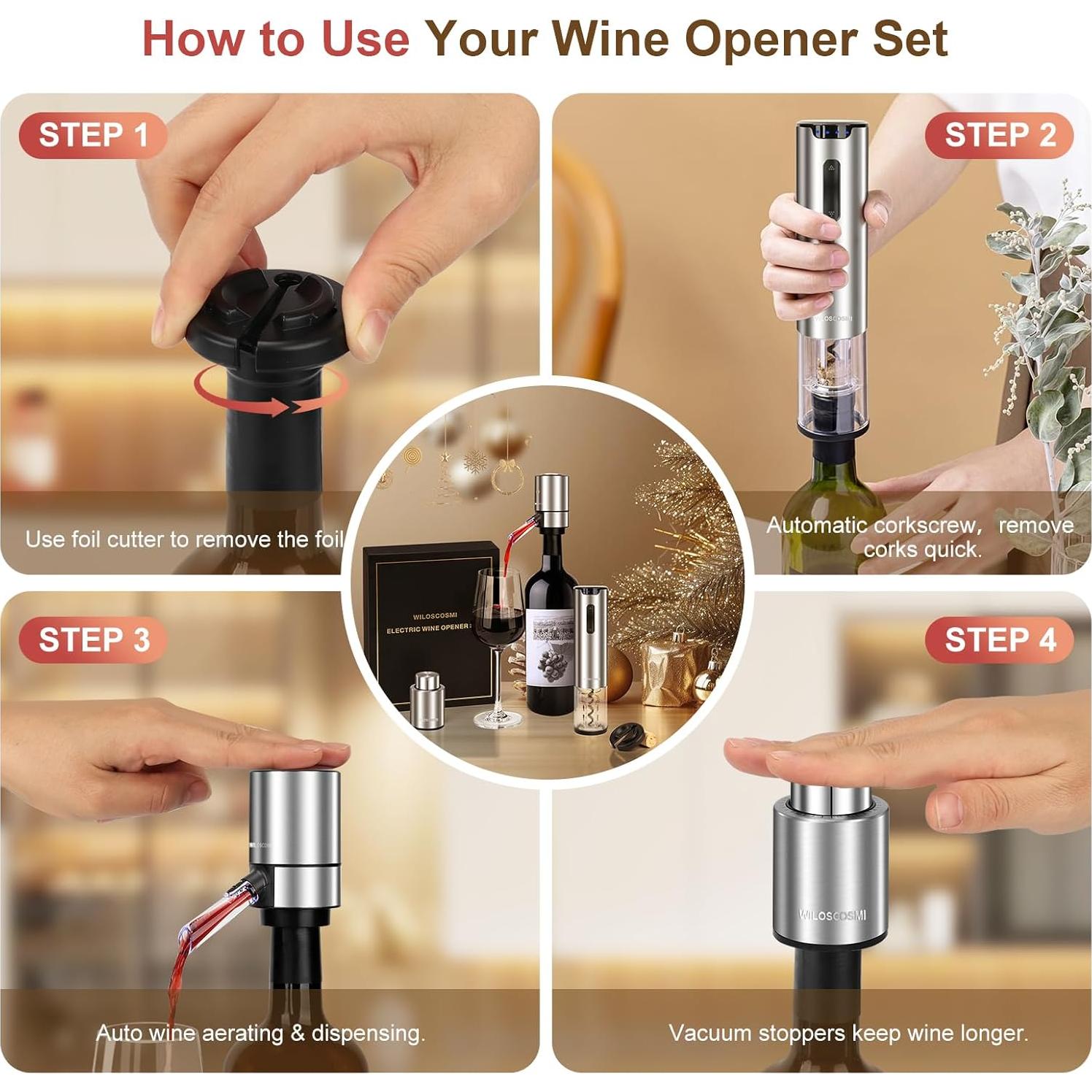 Juego de Abridor de Vino Eléctrico WILOSCOSMI 4 en 1 Acero Inoxidable