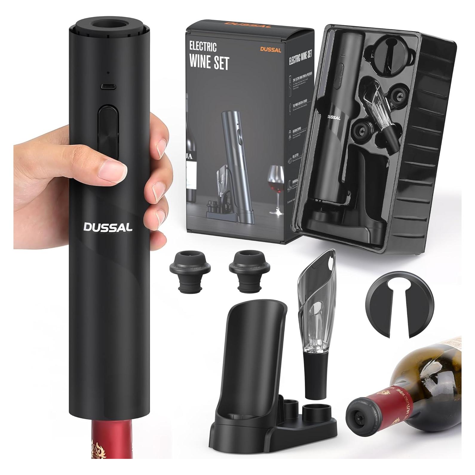 Electric Wine Opener Set, Automatic Wine Bottle Openers, 2-in-1 Aerator & Pourer, Foil Cutter, 2 Vacuum Stoppers, Charging Base, Easy Storage for Wine Lovers Gift Home Kitchen Party Bar