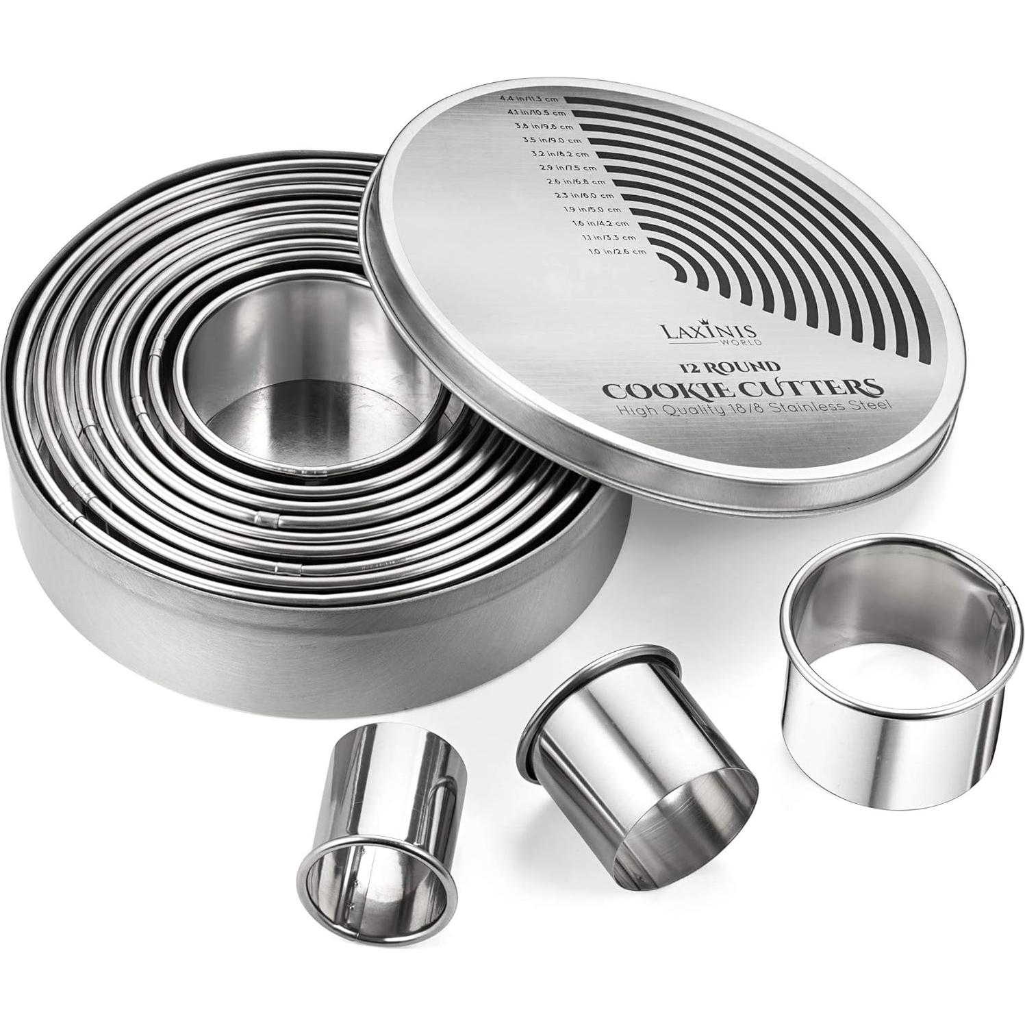 Juego de Cortadores de Galletas Redondos Laxinis World, 12 Piezas Acero Inoxidable
