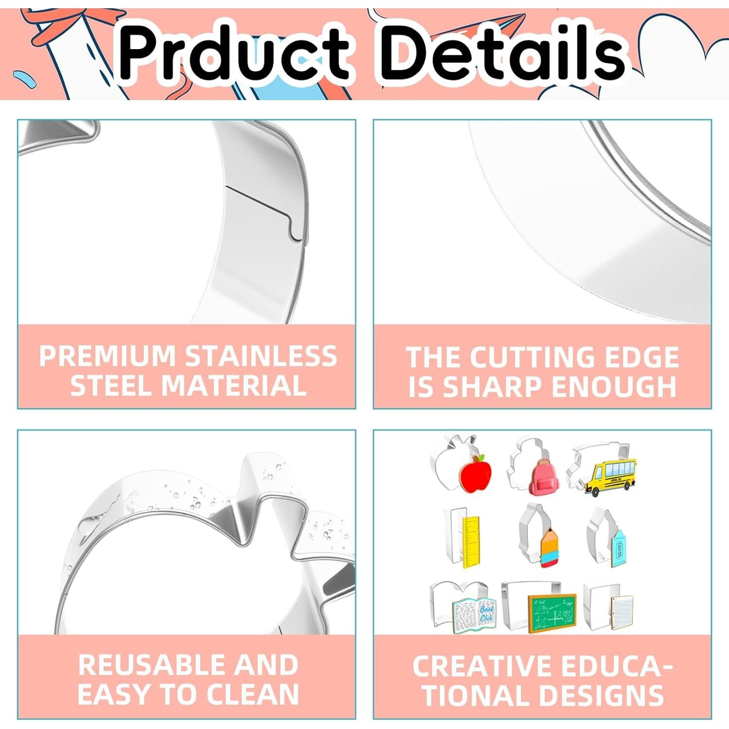 Juego de 9 Cortadores de Galletas Jremreo Escolar Acero Inoxidable