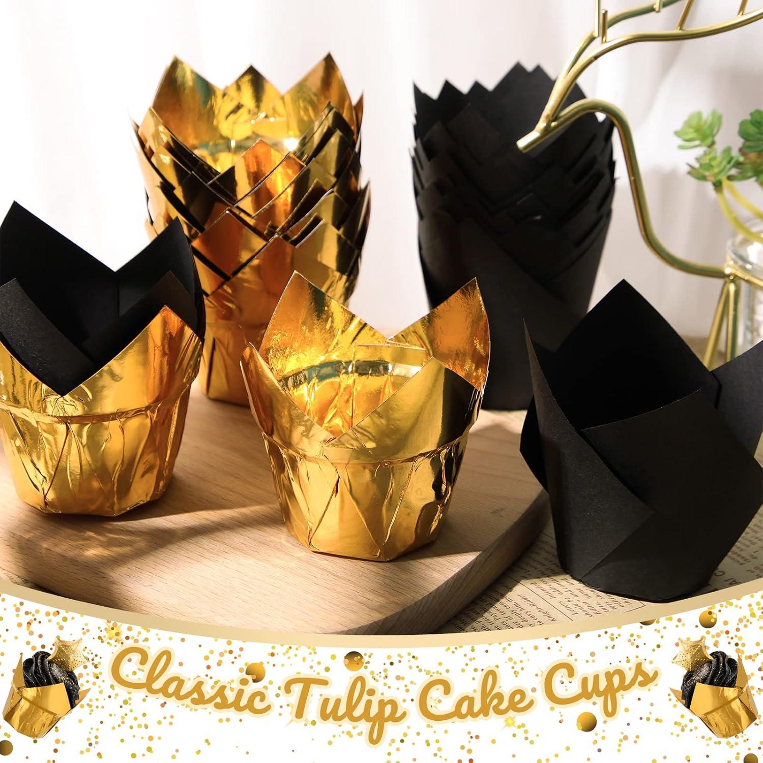 Queekay 160 Pzs Forros para Cupcakes Tulipán Oro Negro