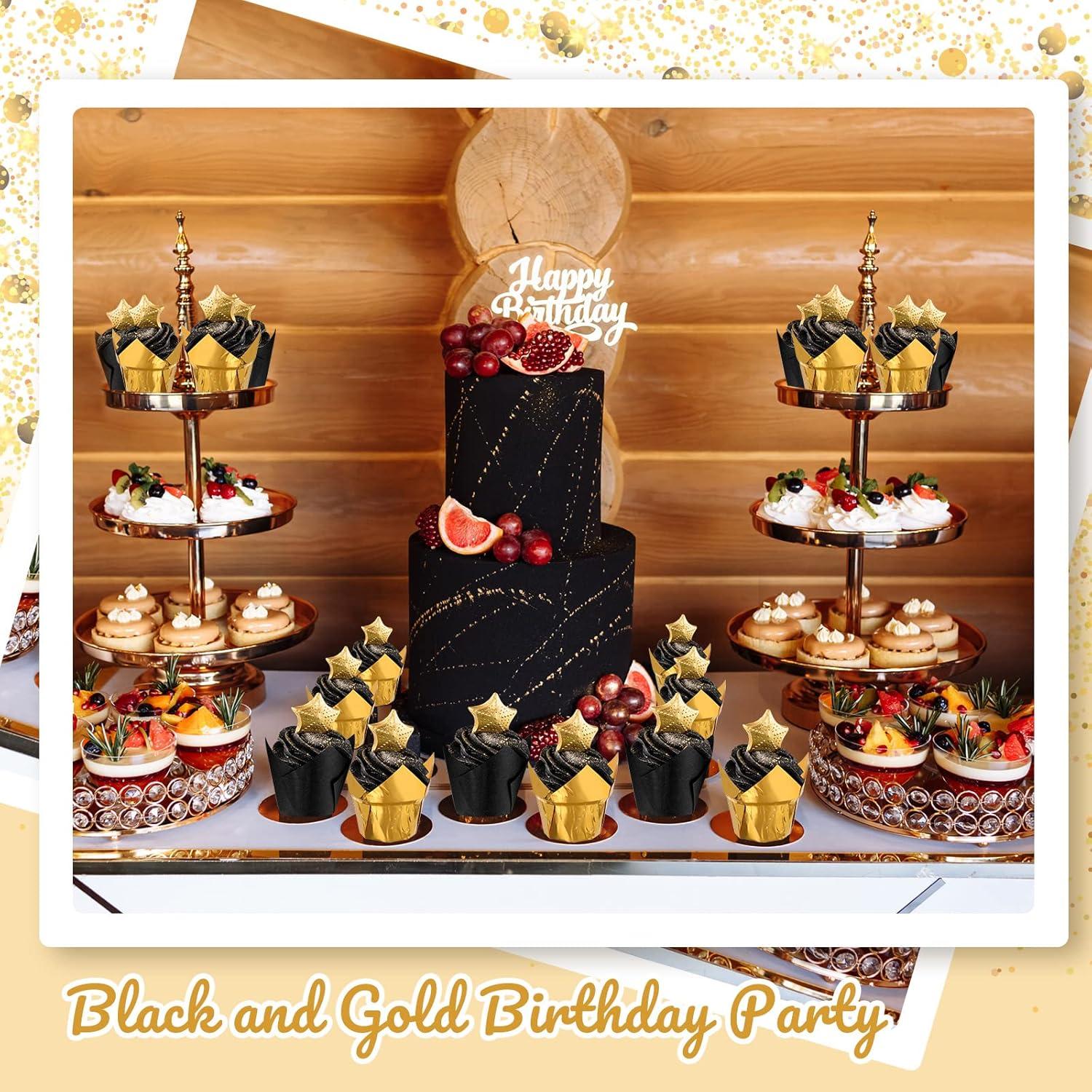 Queekay 160 Pzs Forros para Cupcakes Tulipán Oro Negro