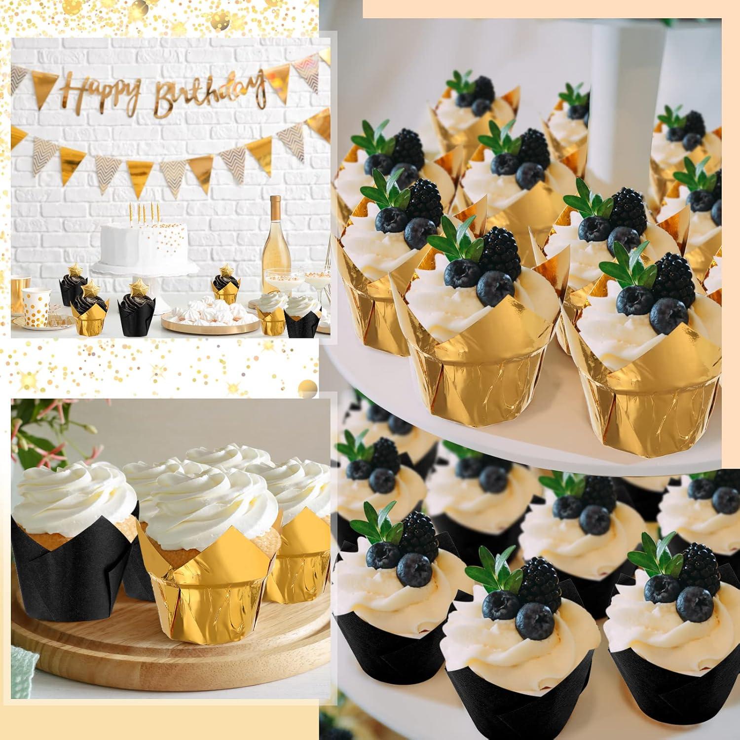 Queekay 160 Pzs Forros para Cupcakes Tulipán Oro Negro