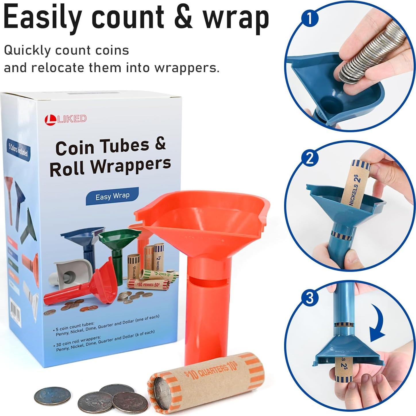 Juego de Envolturas de Monedas L LIKED 30 Piezas y 5 Tubos