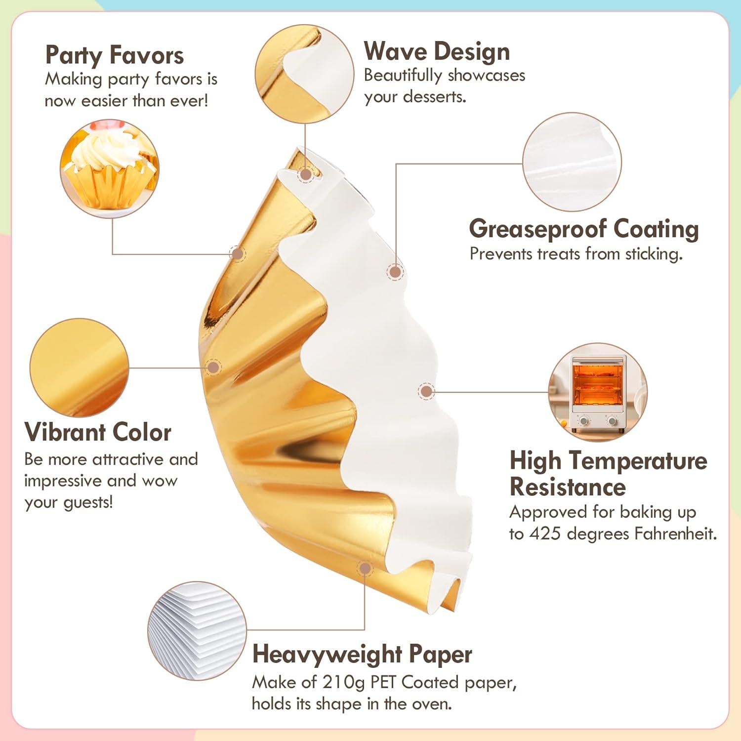 Forros de Cupcake Dorados TRUSBER 100 Pcs 4.5cm Olas