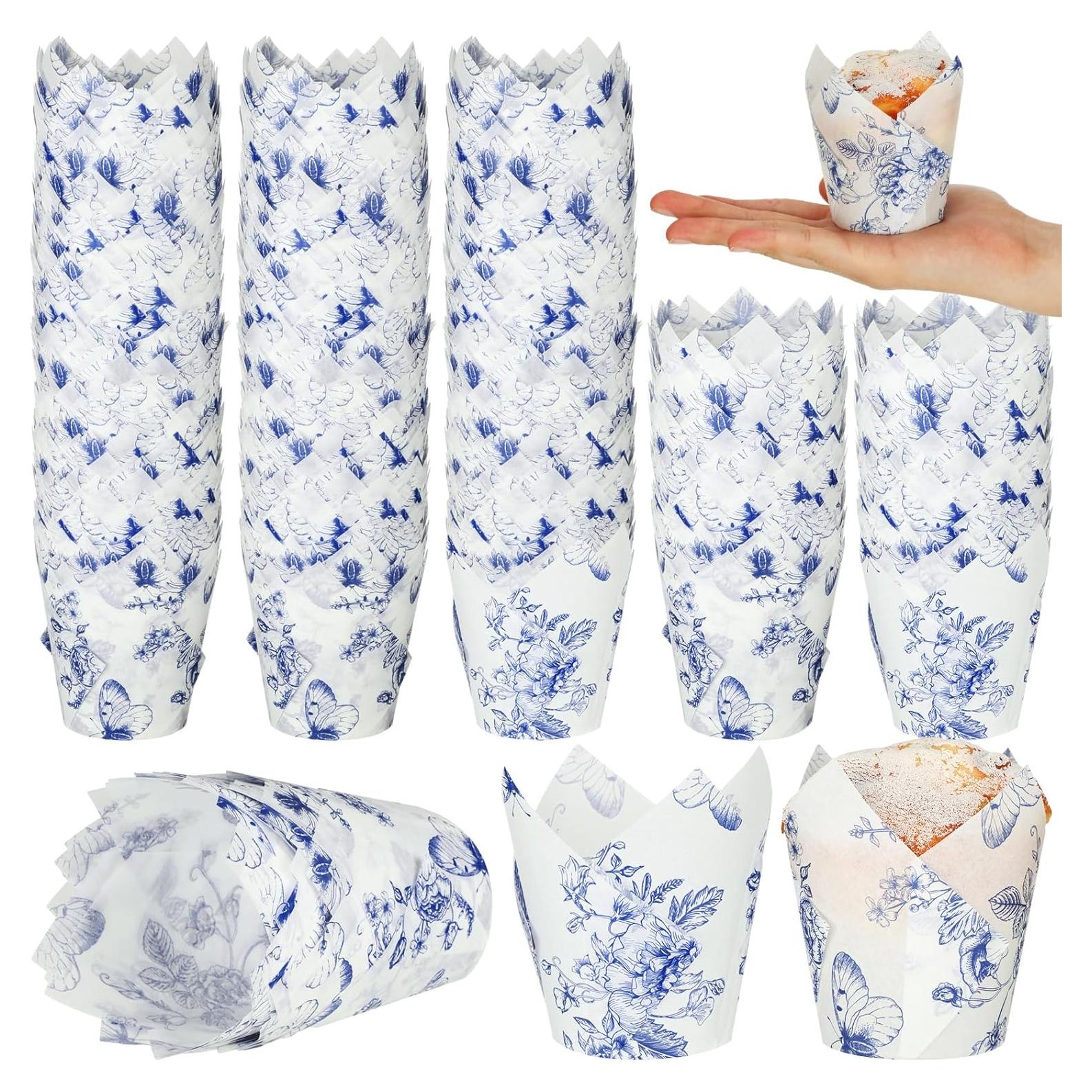 Forros de Cupcakes Tulipán Gerrii 200 Pcs Flores Azules