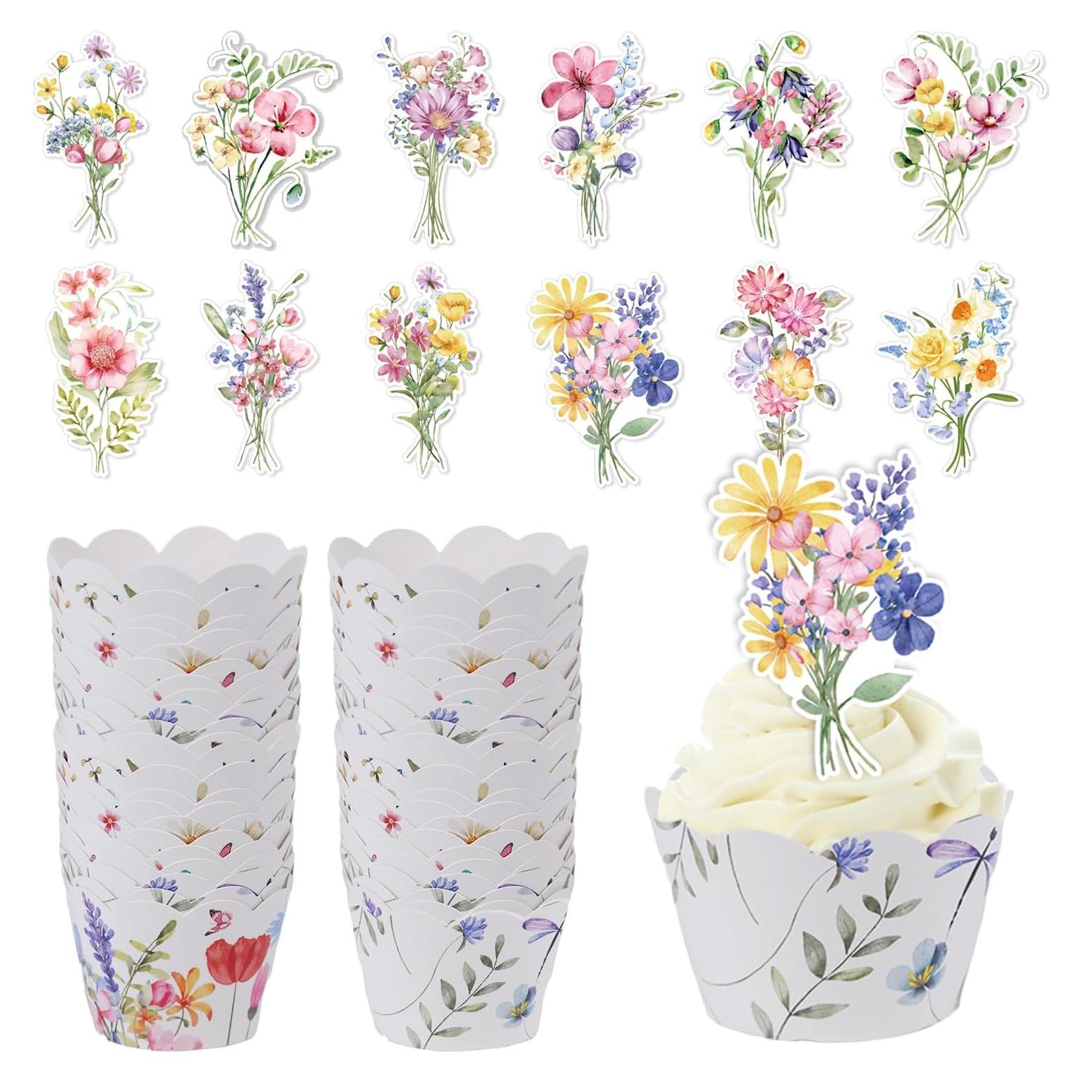 Forros y Adornos de Cupcake Rngmsi Flores Silvestres 24PCS
