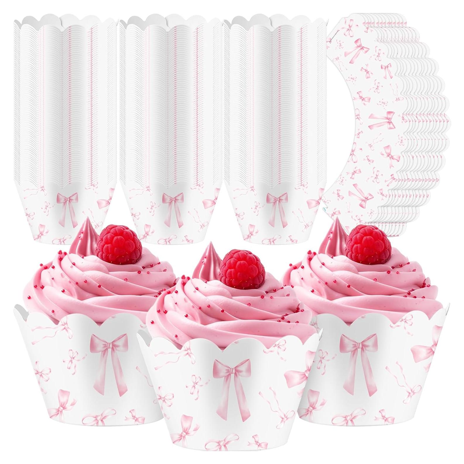 100 Envolturas de Cupcake con Lazo Rosa Domensi - 8 cm