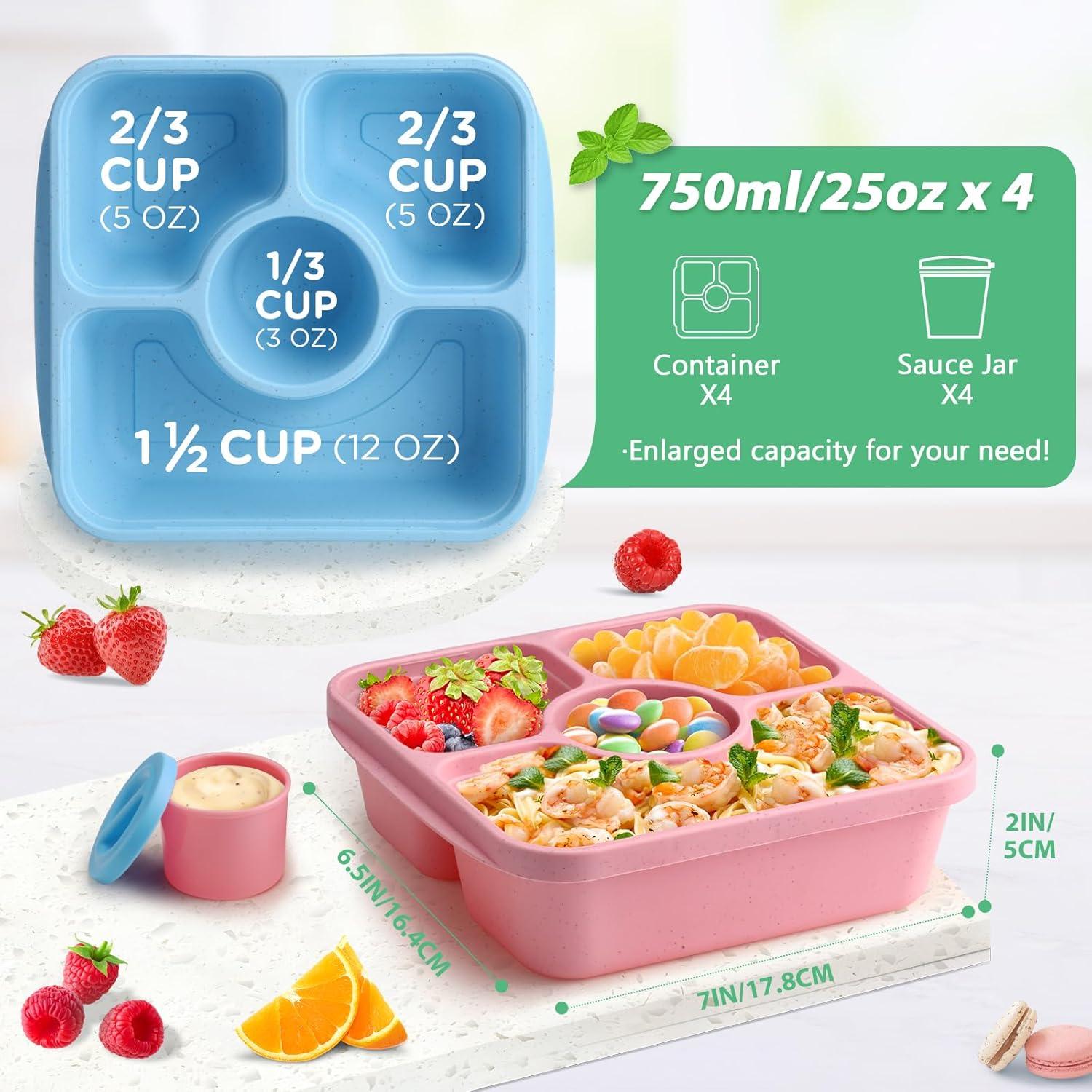 Contenedores Bento Snack 4 Pzs Reutilizables 750ml Pastel