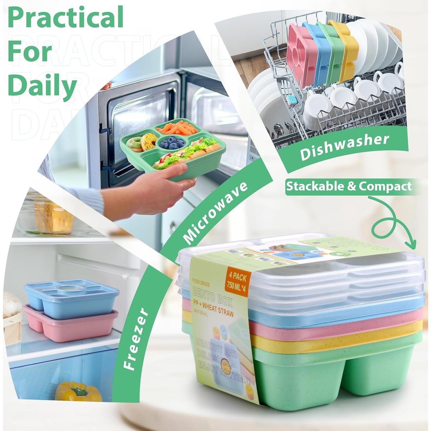 Contenedores Bento Snack 4 Pzs Reutilizables 750ml Pastel