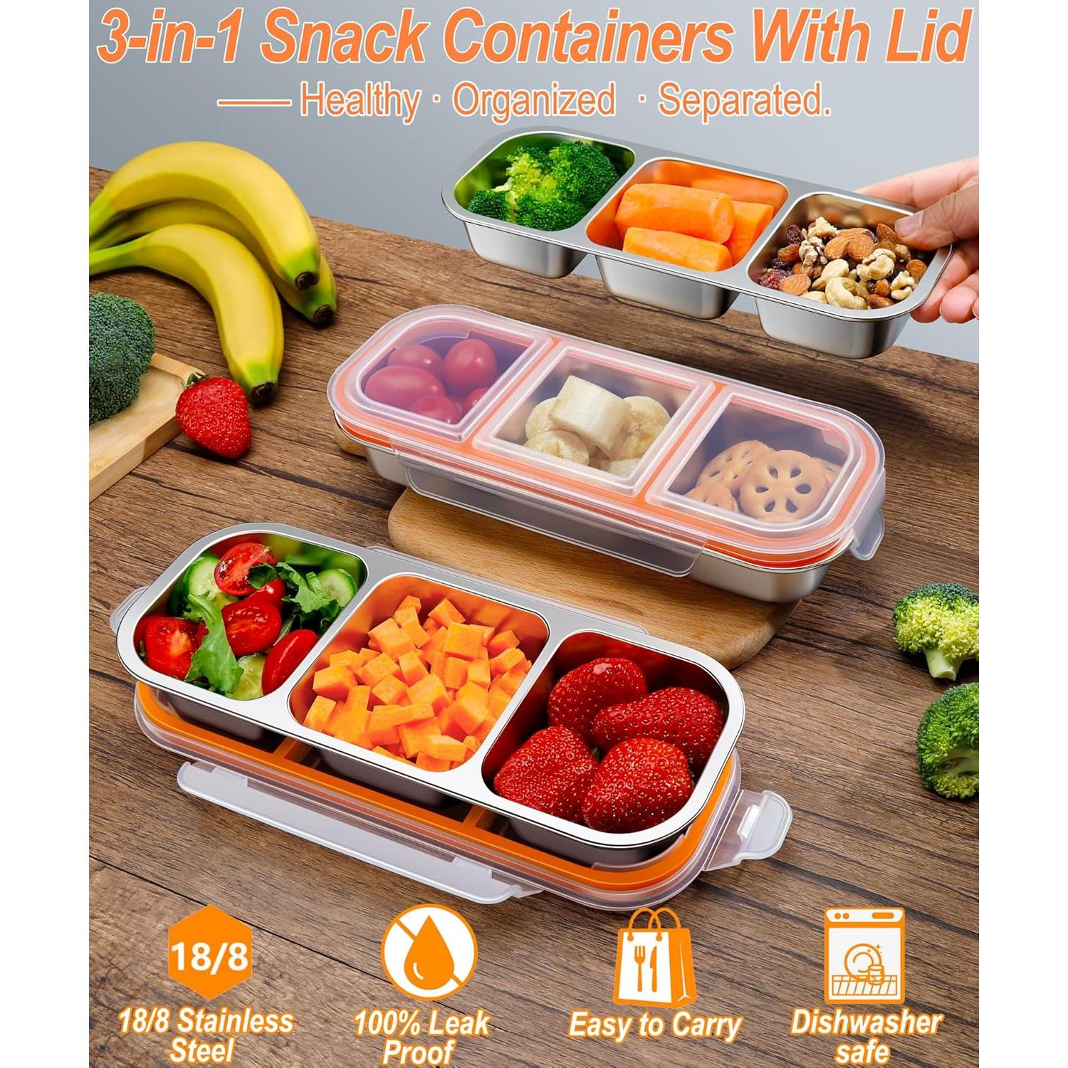 Contenedores de Snack KTKUDY Acero Inoxidable 3 Compartimentos