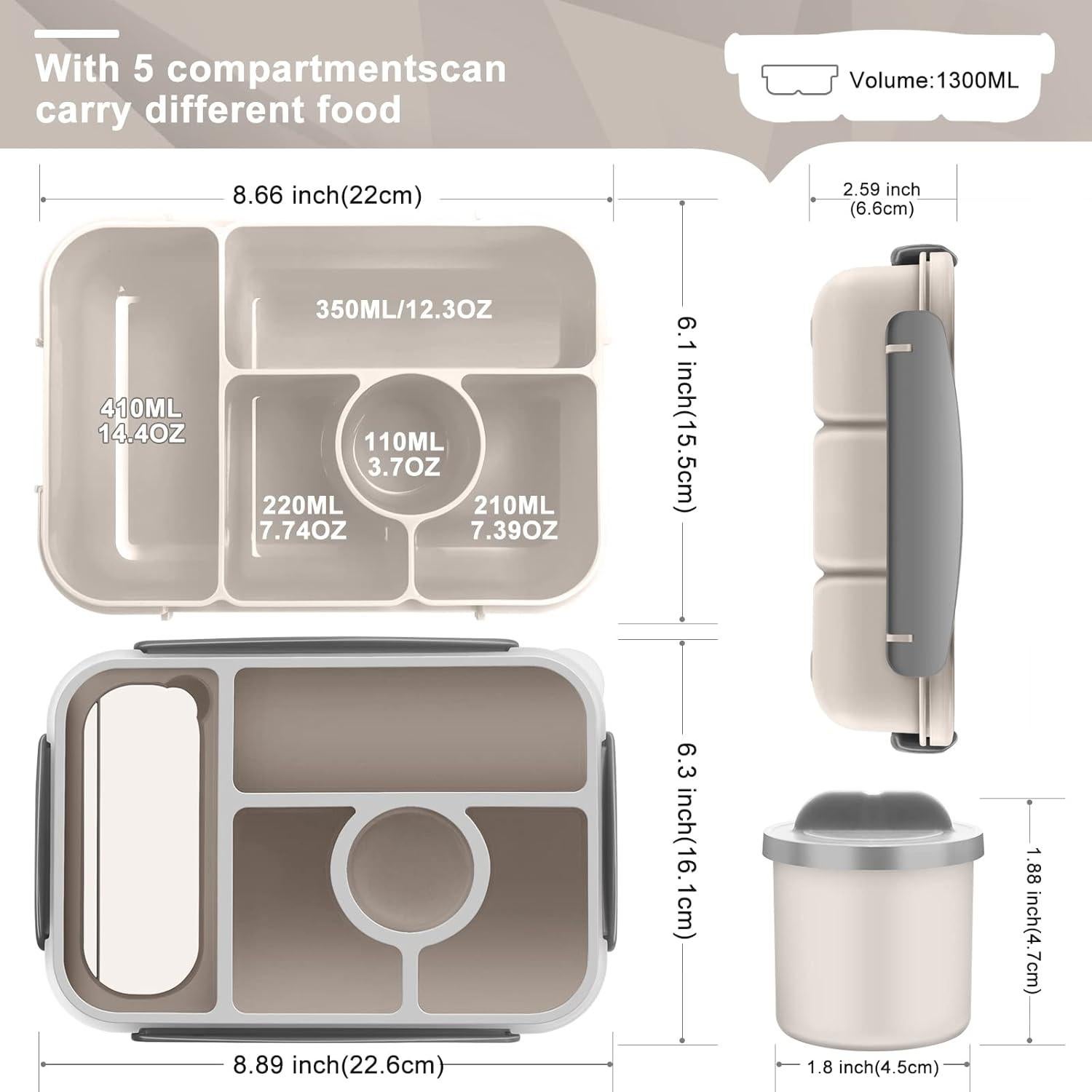 Caja de Almuerzo Bento Demiue 5 Compartimentos 1.3L Blanca