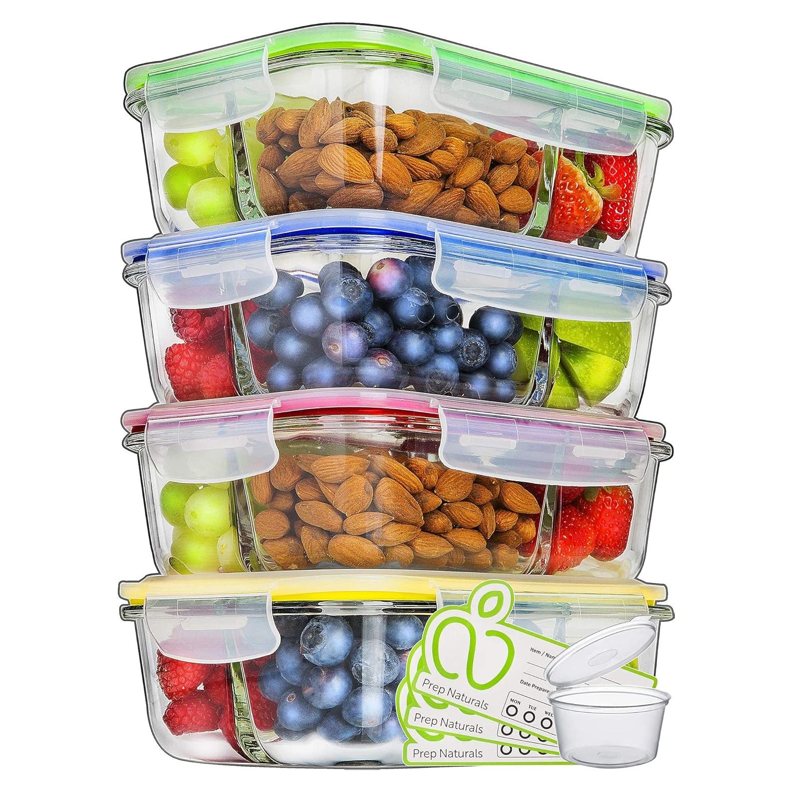 PrepNaturals 4 Pack Contenedores de Vidrio 34 Oz Multi-Compartimento