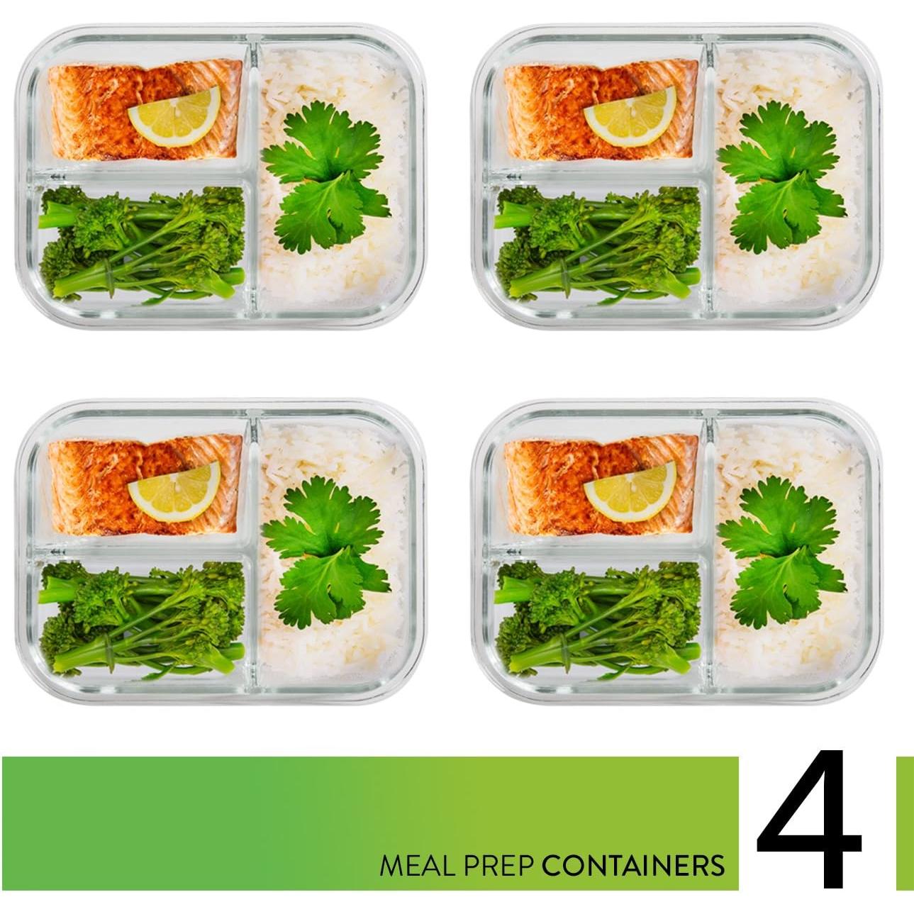 PrepNaturals 4 Pack Contenedores de Vidrio 34 Oz Multi-Compartimento