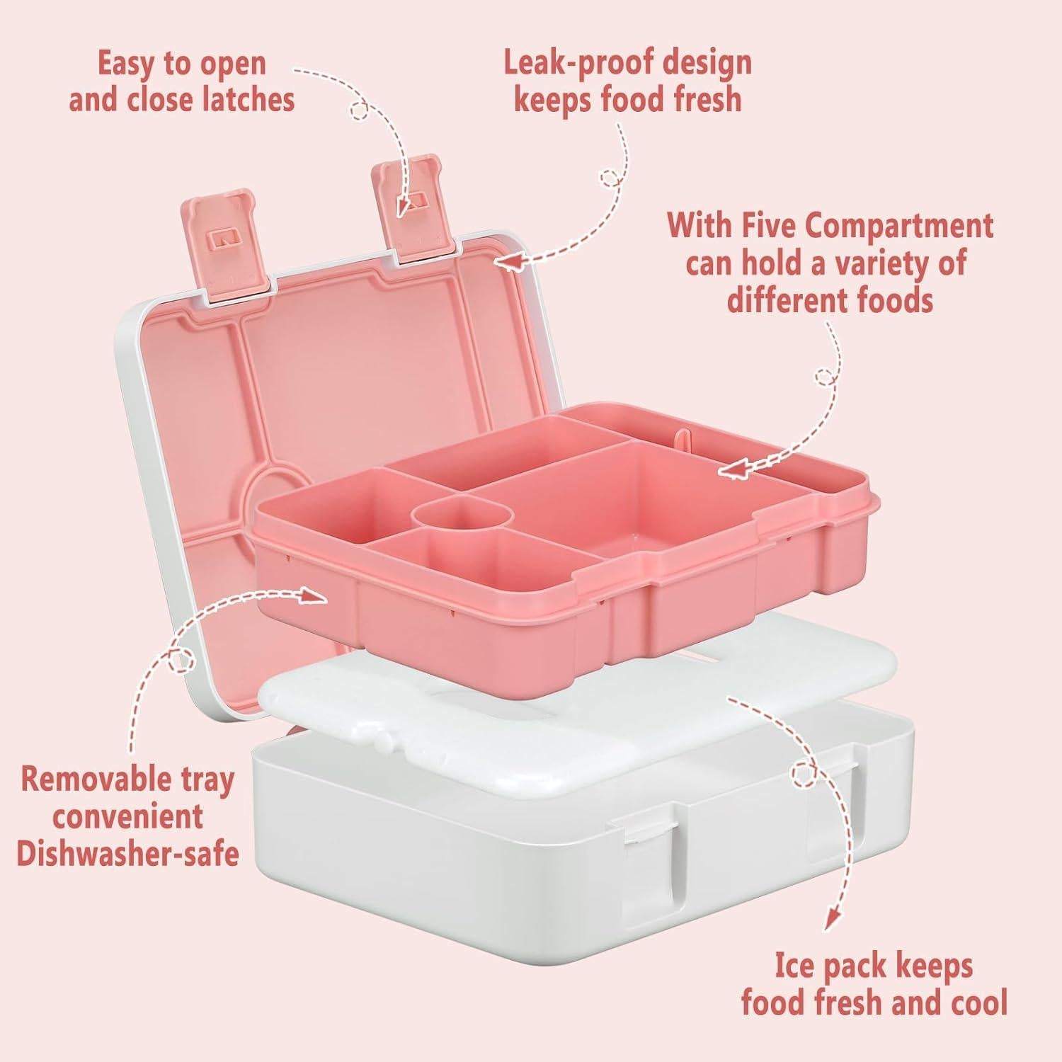 Caja de Almuerzo Bento LAUJIA Rosa 5 Compartimentos A Prueba de Fugas