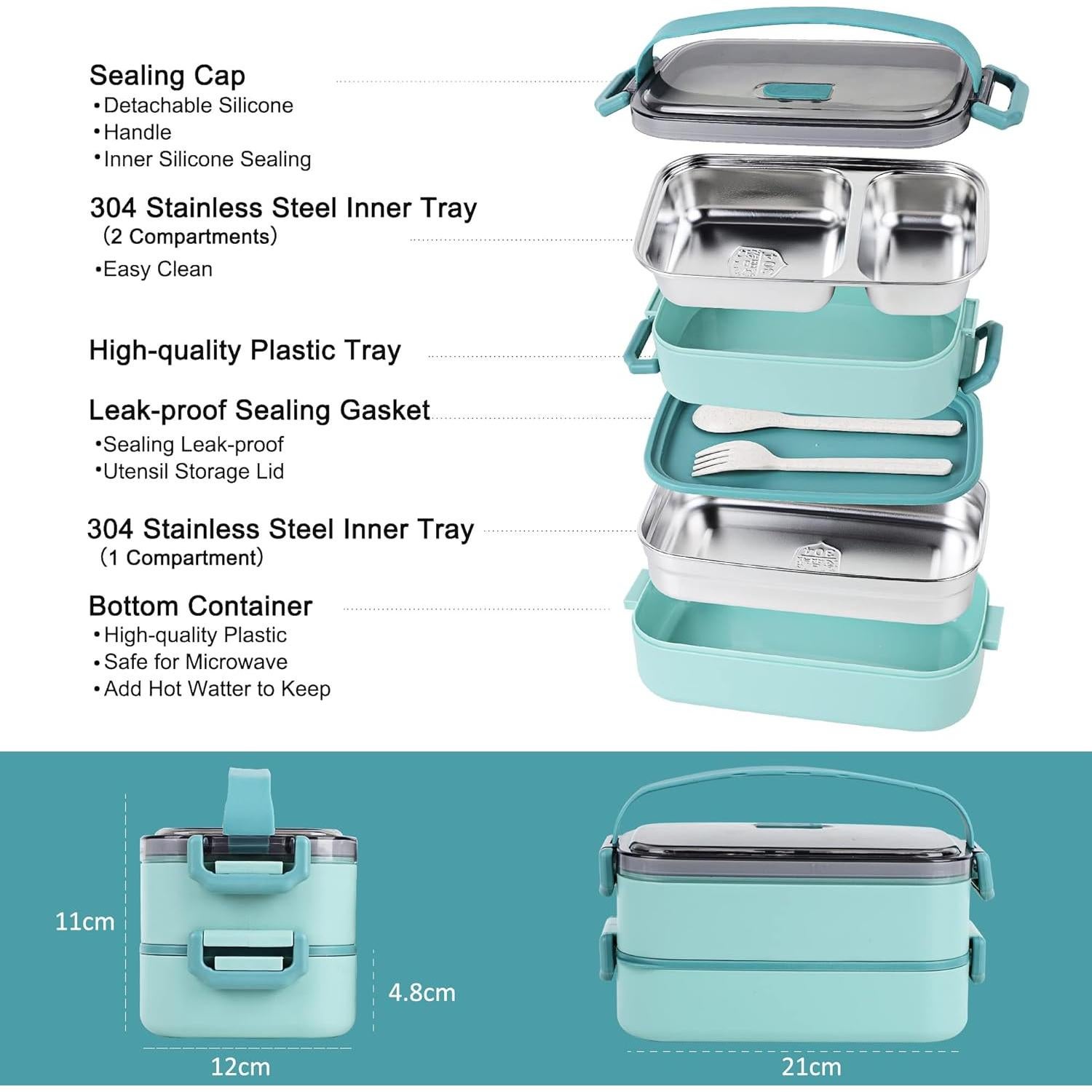 Caja Bento de Acero Inoxidable JUBOSYCZ 2100ml Verde Matcha