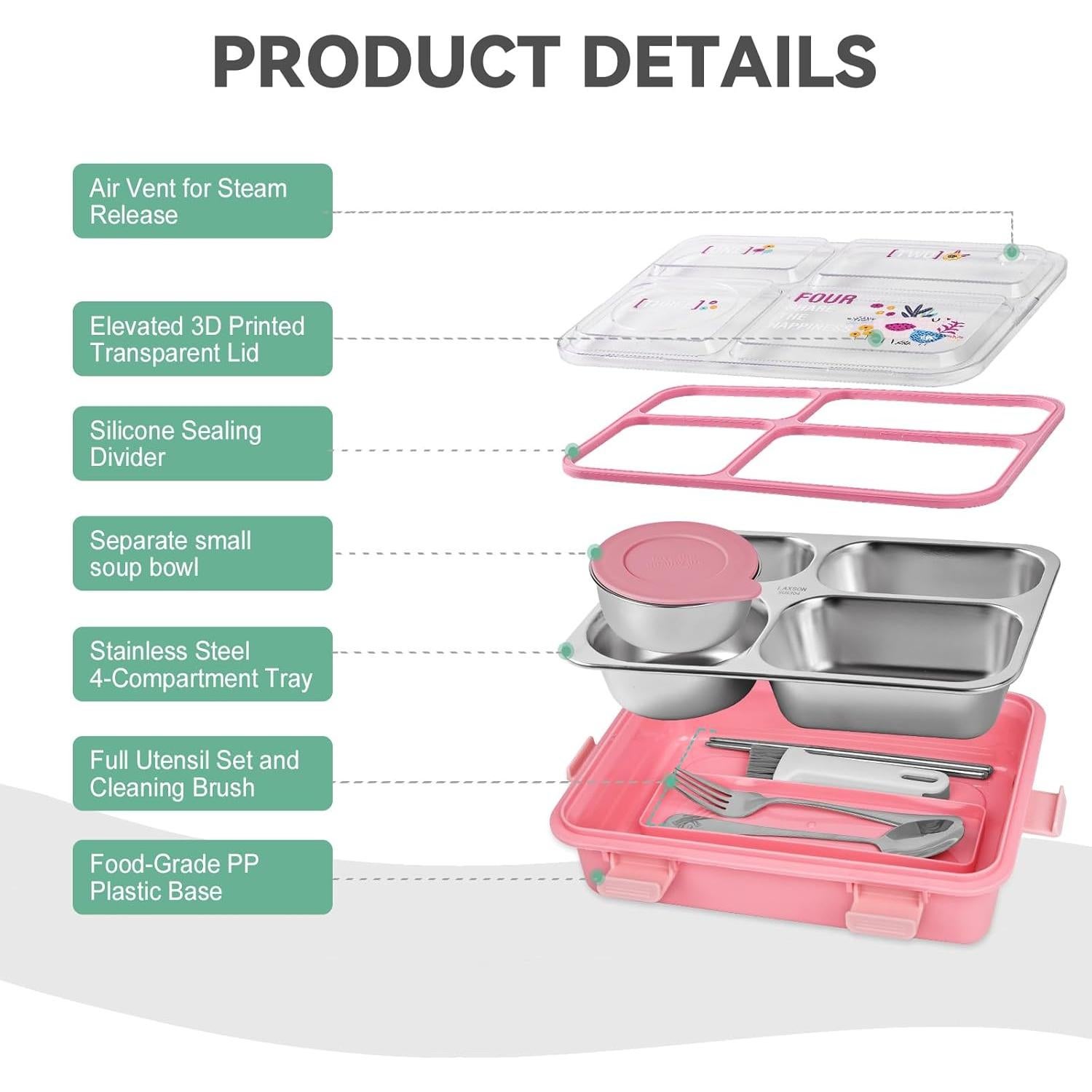Caja de Almuerzo de Acero Inoxidable SAYAPE 850ml Rosa 4 Compartimentos