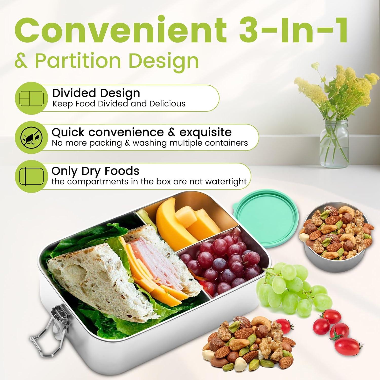 Caja de Almuerzo Bento Acero Inoxidable 1500ml 3 Compartimentos