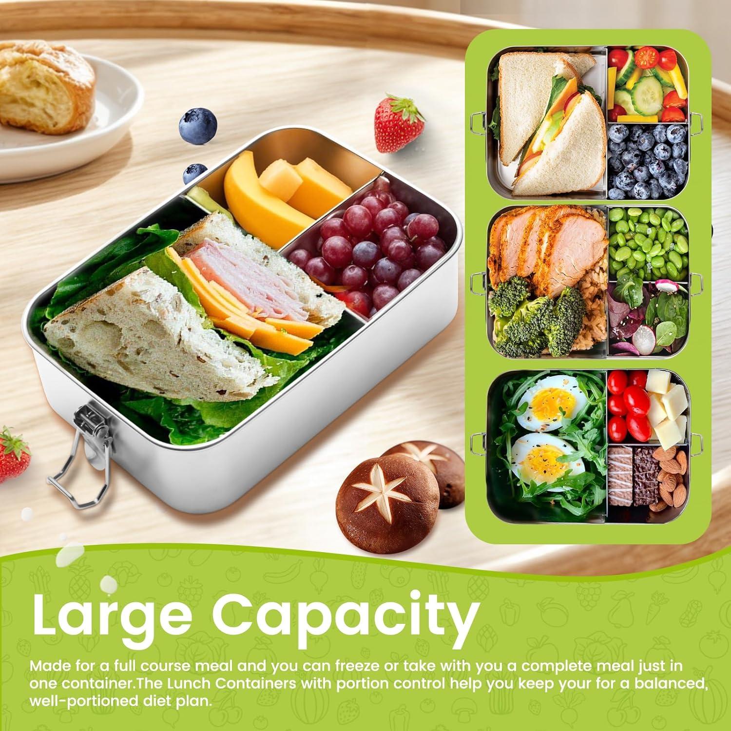 Caja de Almuerzo Bento Acero Inoxidable 1500ml 3 Compartimentos