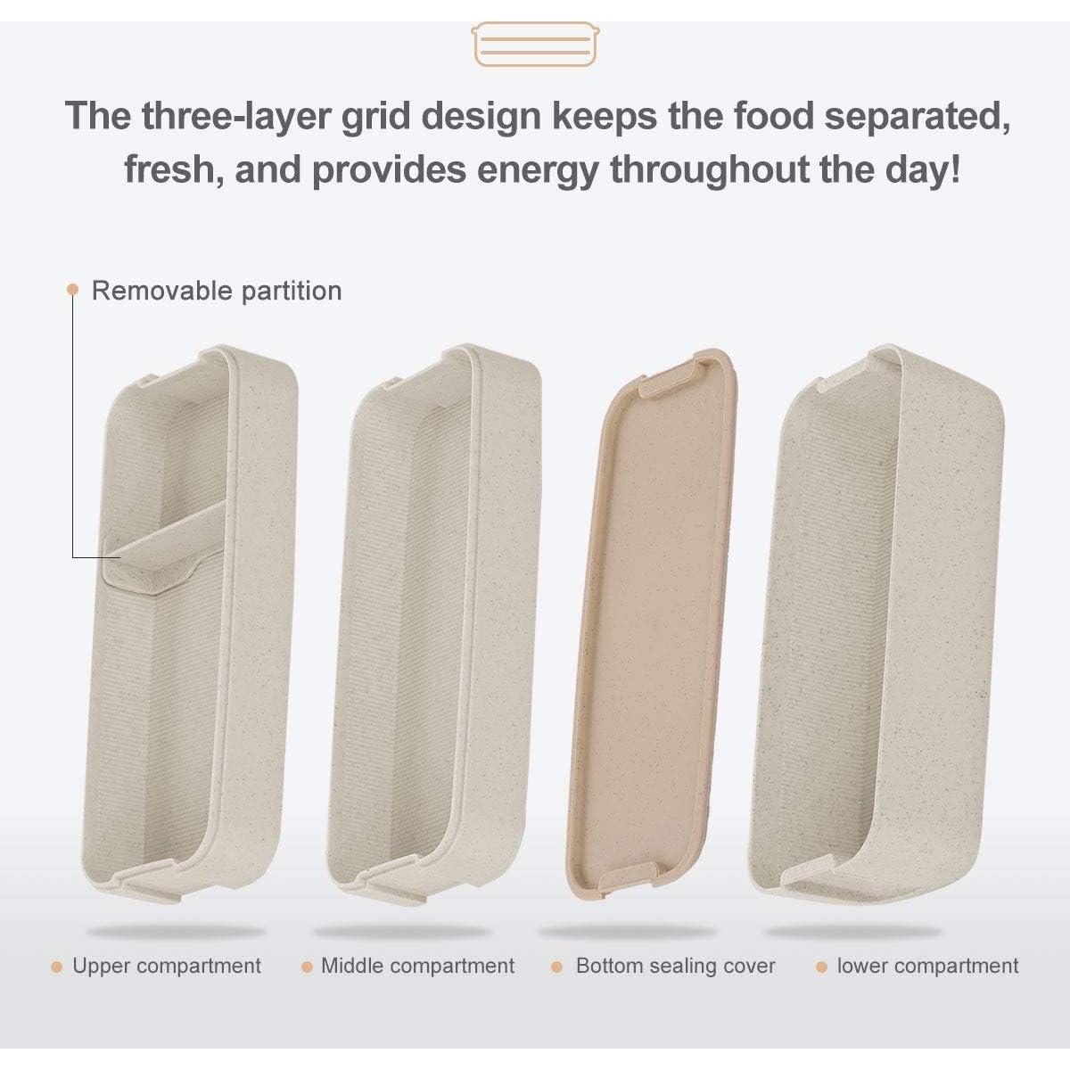 Caja Bento AsFrost 900ML 3-en-1 a Prueba de Fugas Beige