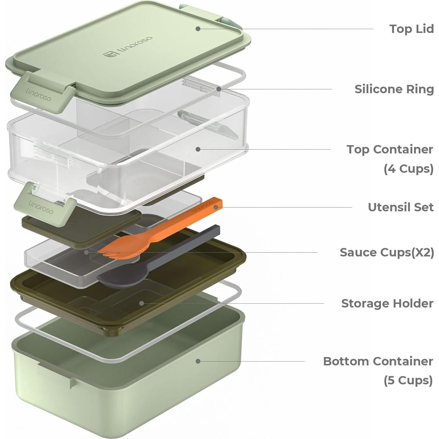 Caja Bento Apilable Linoroso Verde Menta 500ml con Utensilios