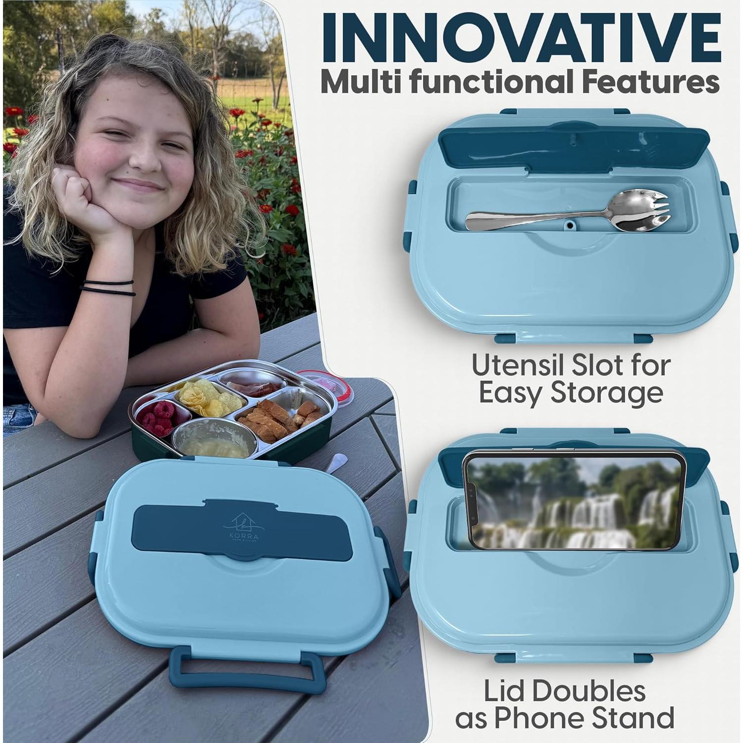 Caja Bento Acero Inoxidable Korra Hogar - 5 Compartimentos Azul