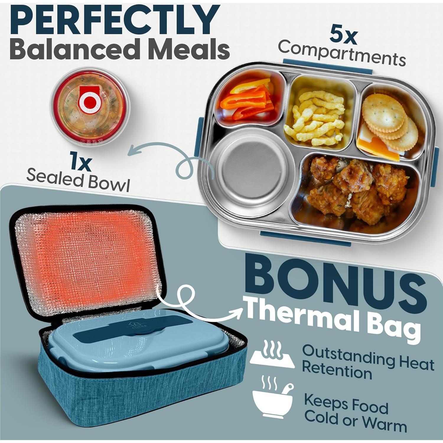 Caja Bento Acero Inoxidable Korra Hogar - 5 Compartimentos Azul