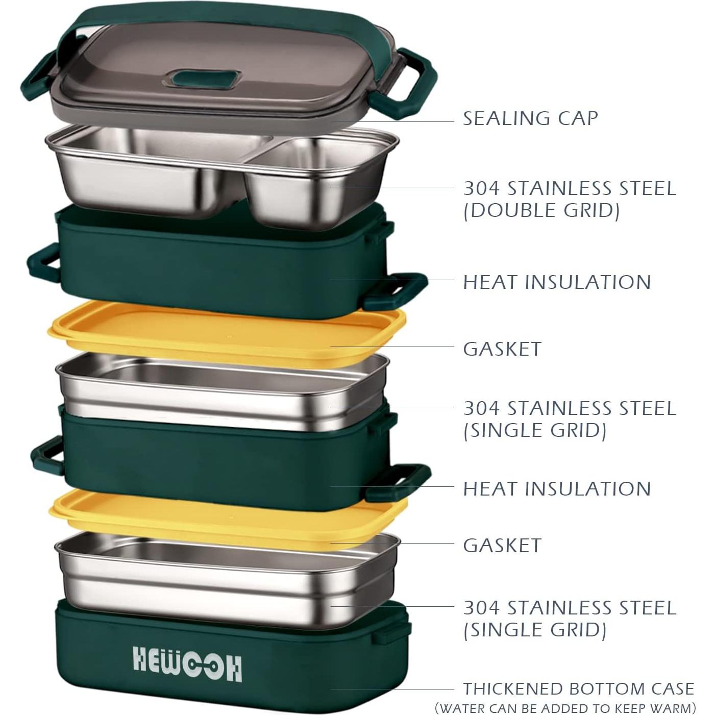 Caja Bento Grande HEWOOH 2100ml Verde, Apta Microondas y Lavavajillas