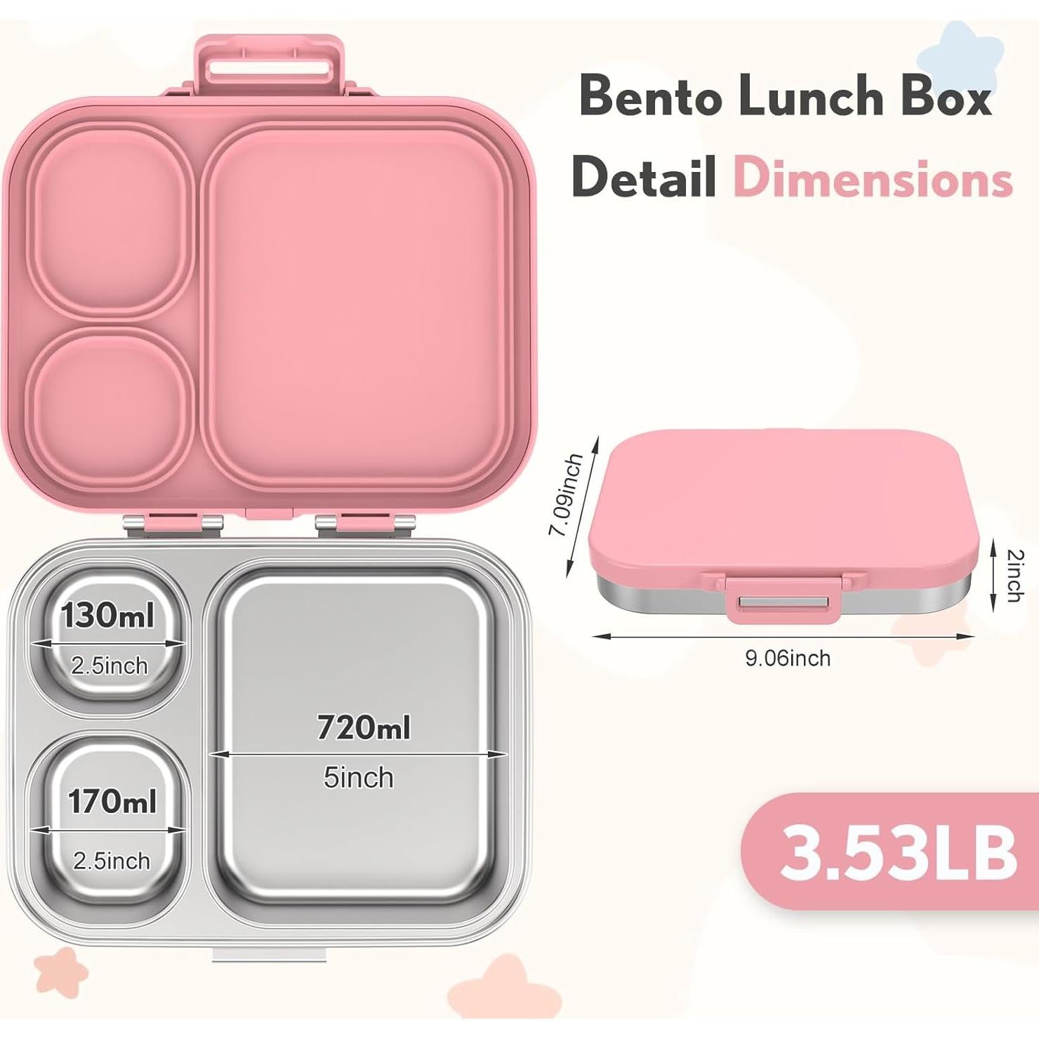 Caja Bento de Acero Inoxidable Howeemo Rosa 3 Compartimentos