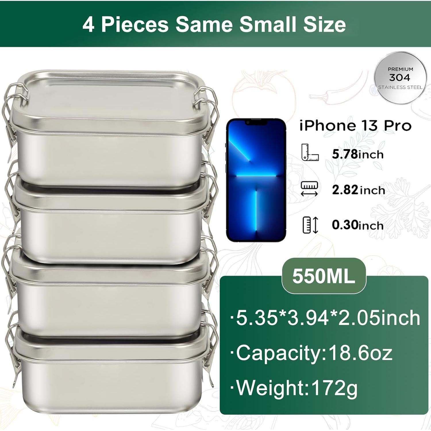 Cajas de Almuerzo Bento de Acero Inoxidable LEEPENK 4 Pcs 550ml