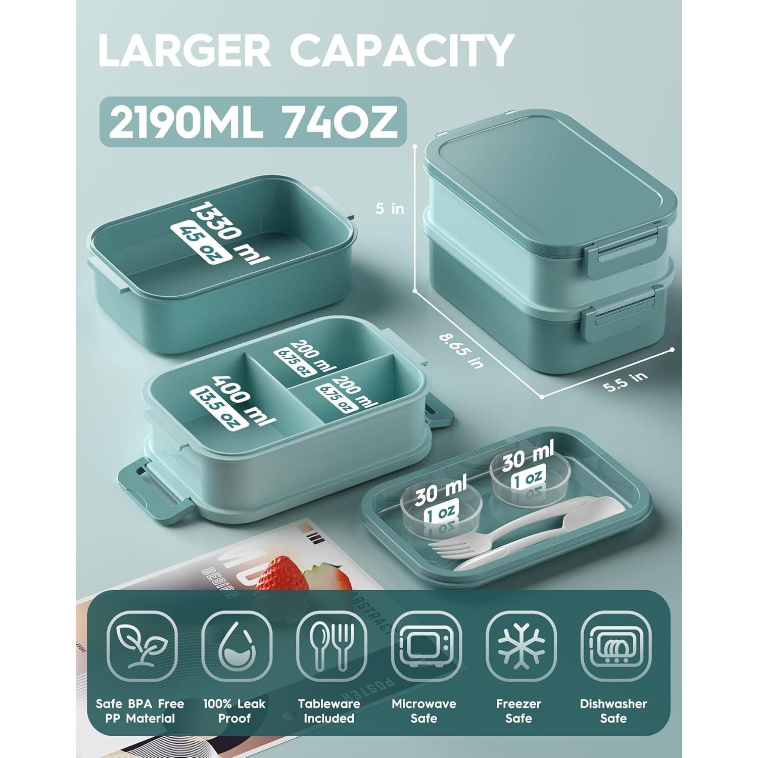 Caja de Almuerzo Bento KEMETHY Verde 3 Niveles 2190ml Hermética