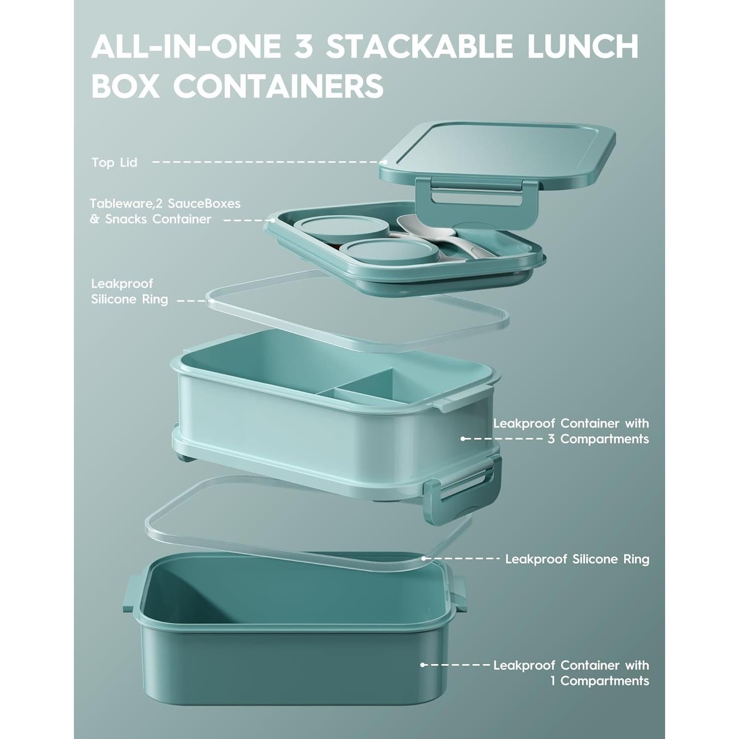 Caja de Almuerzo Bento KEMETHY Verde 3 Niveles 2190ml Hermética