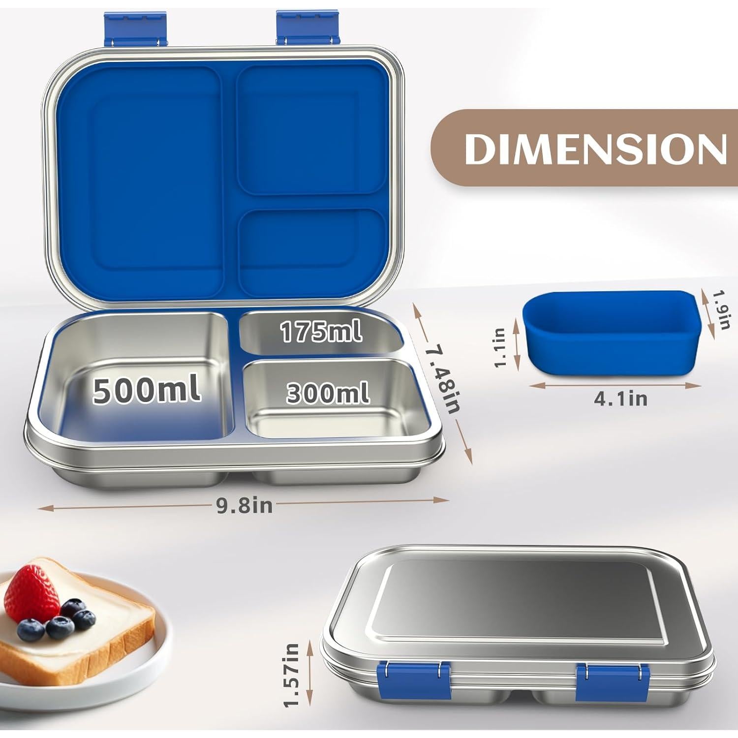 Caja Bento Acero Inoxidable BABHAMNESS 900ml 3 Compartimentos Azul