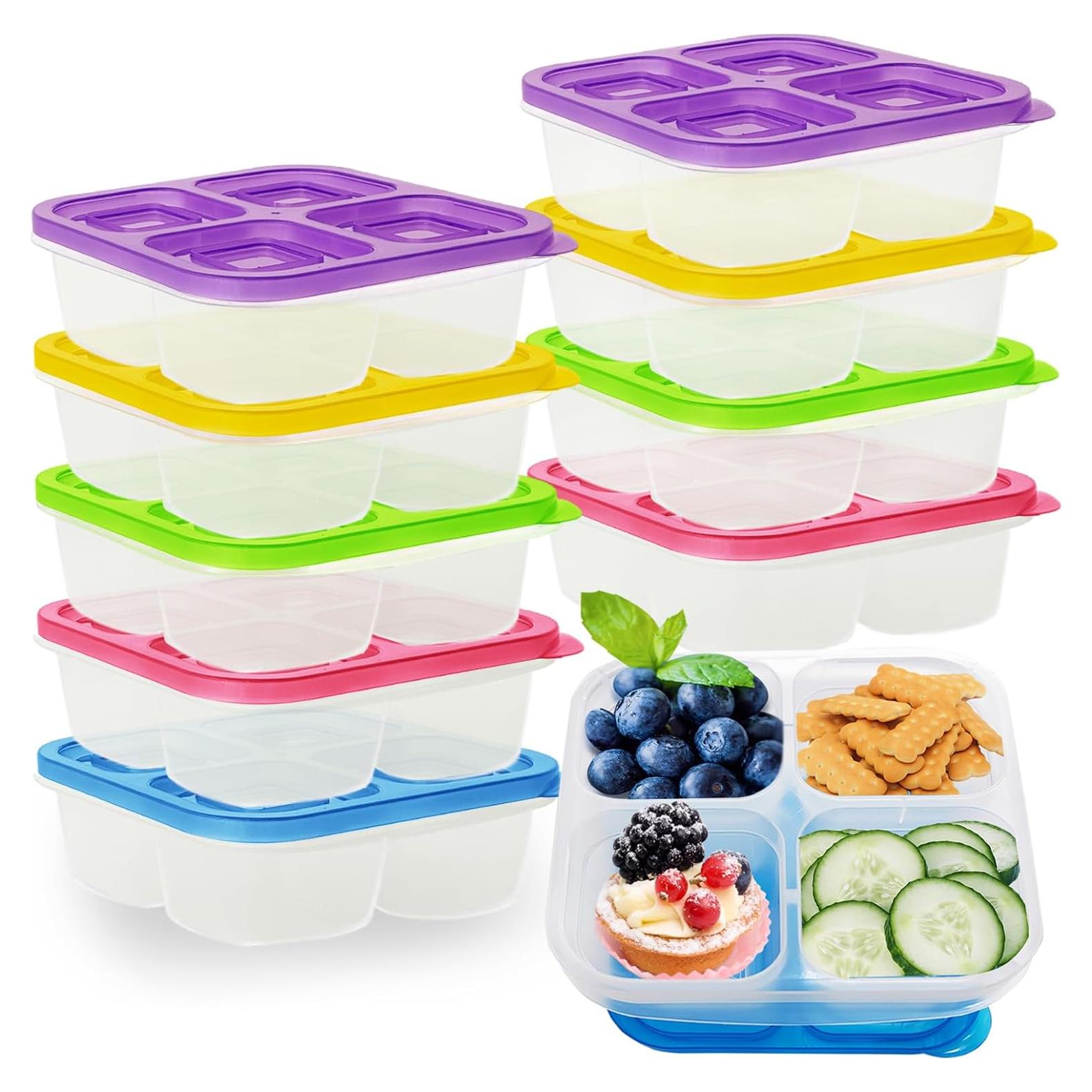 10 Cajas de Snack Multicolores 4 Compartimentos Reutilizables