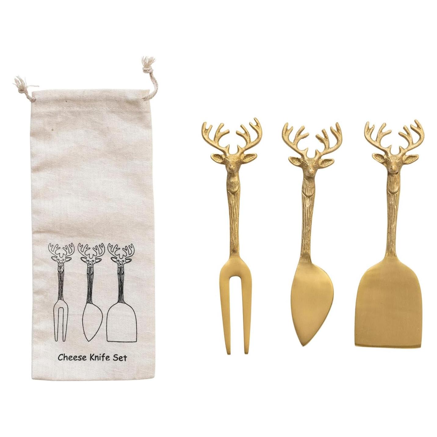 Set de 3 Cuchillos de Queso Latón con Mango de Reno Creative Co-Op