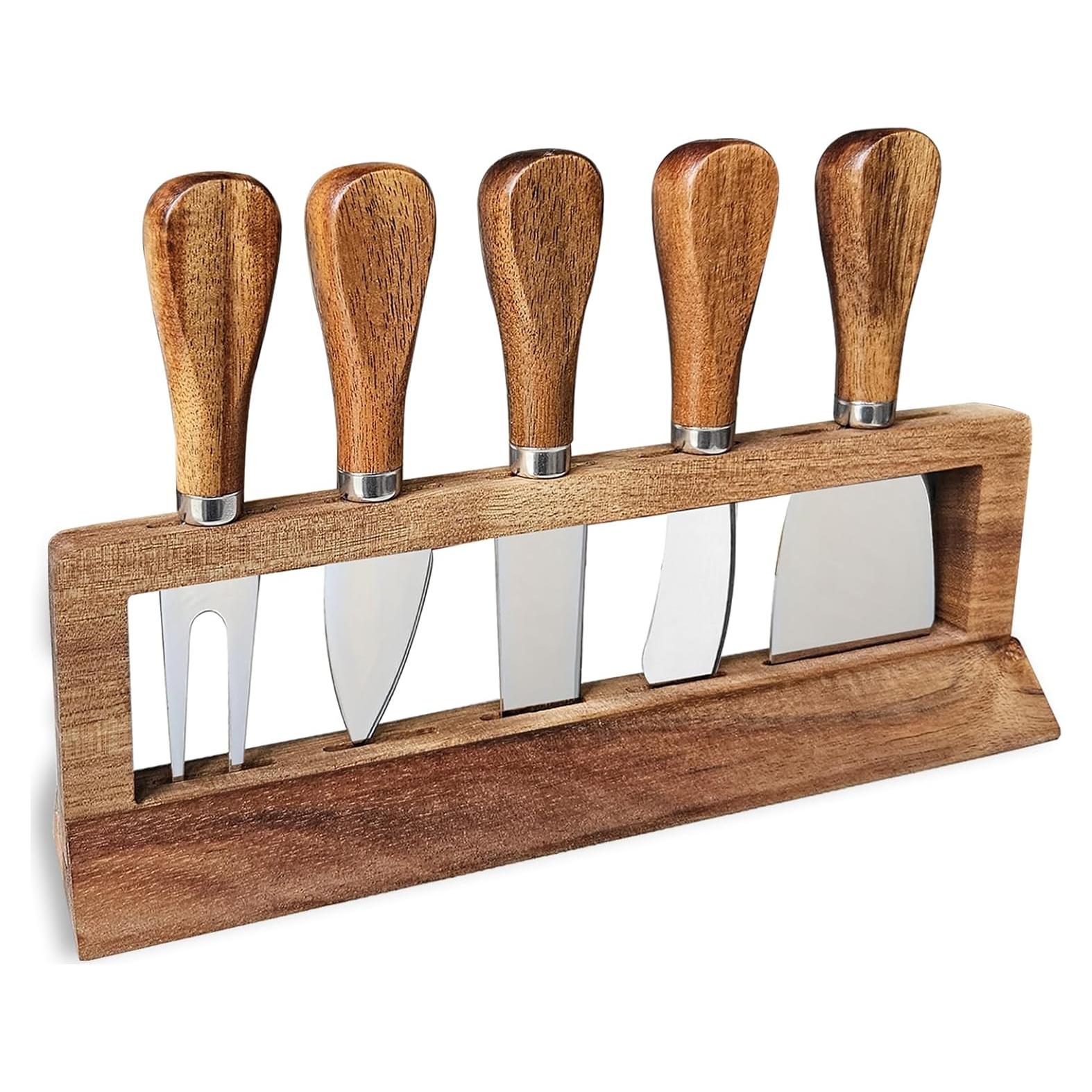 Juego de cuchillos de queso 6 piezas Linwnil con soporte de madera